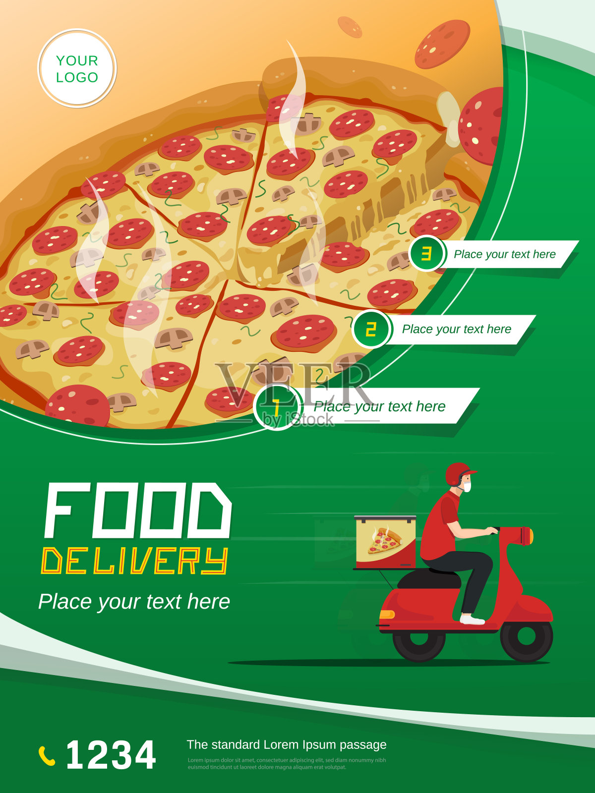 食品配送服务网站横幅与摩托车和空间为您的文字在绿色背景插画图片素材