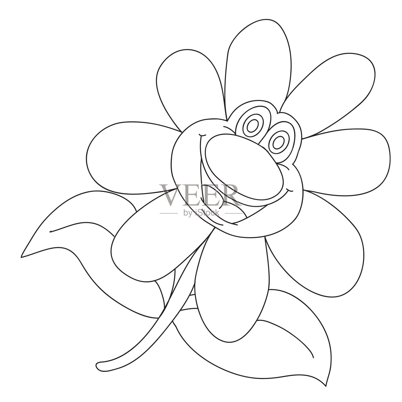 开朗的花朵人物，张开的叶子和大鼻子，轮廓图，白色背景上的孤立物体，插画图片素材