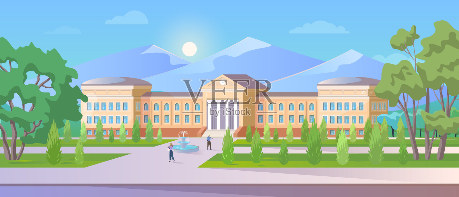 大学建筑矢量插图，卡通3d外部正面视图与小学，学院或学院大学校园外部和行走的学生插画图片素材