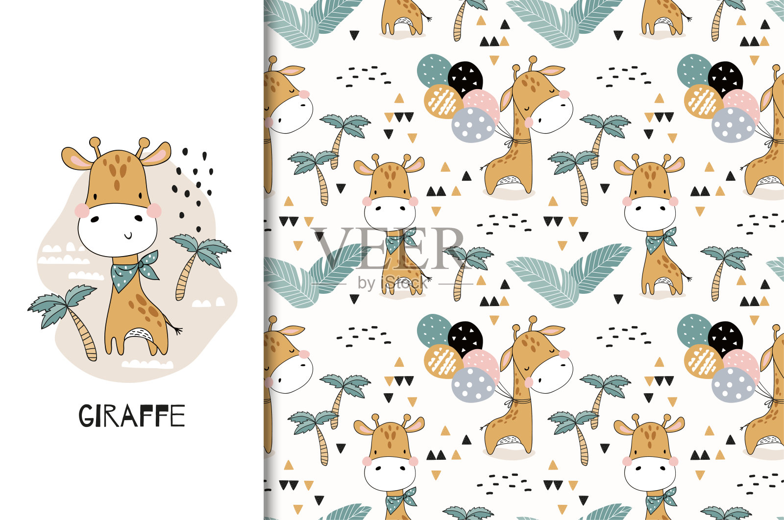 快乐可爱的卡通长颈鹿动物角色。制卡和无缝模式集。手绘织物表面设计插图插画图片素材