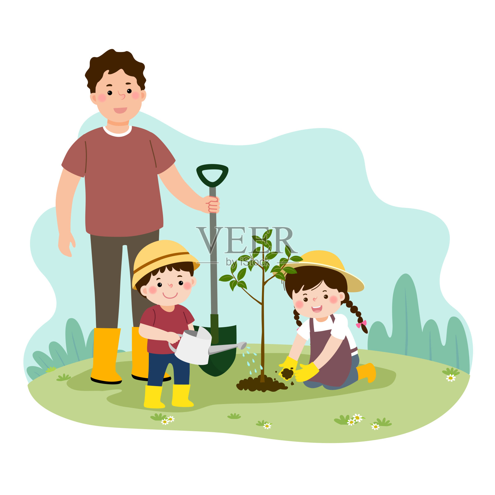 矢量插图的一个卡通快乐的孩子们帮助他们的父亲种植幼树。家庭享受时间在家的概念。设计元素图片