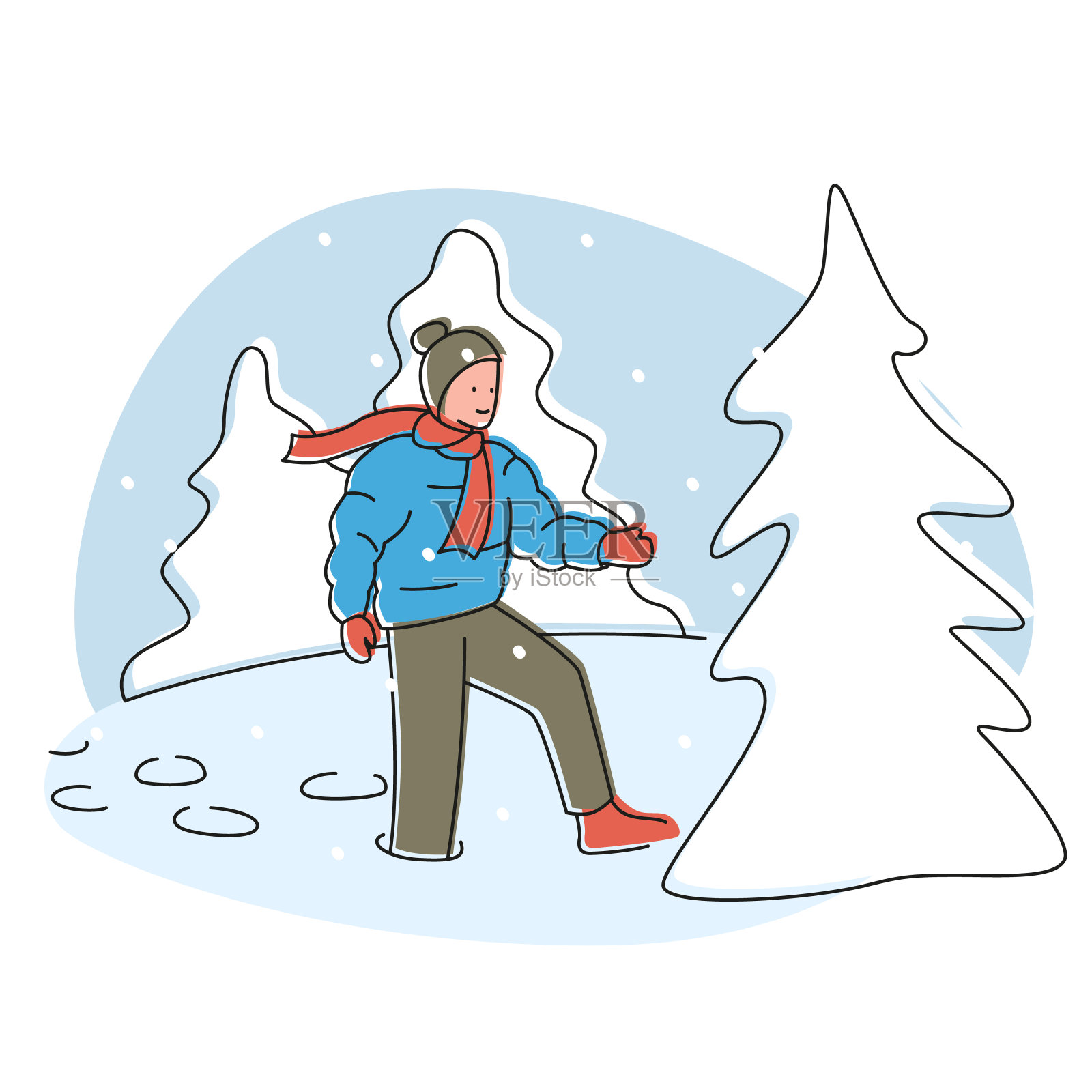 矢量插图的一个男孩走在一个冰雪冬天的森林。穿着夹克和帽子的男孩走在云杉的雪中。舒适的现代冬季插图设计元素图片