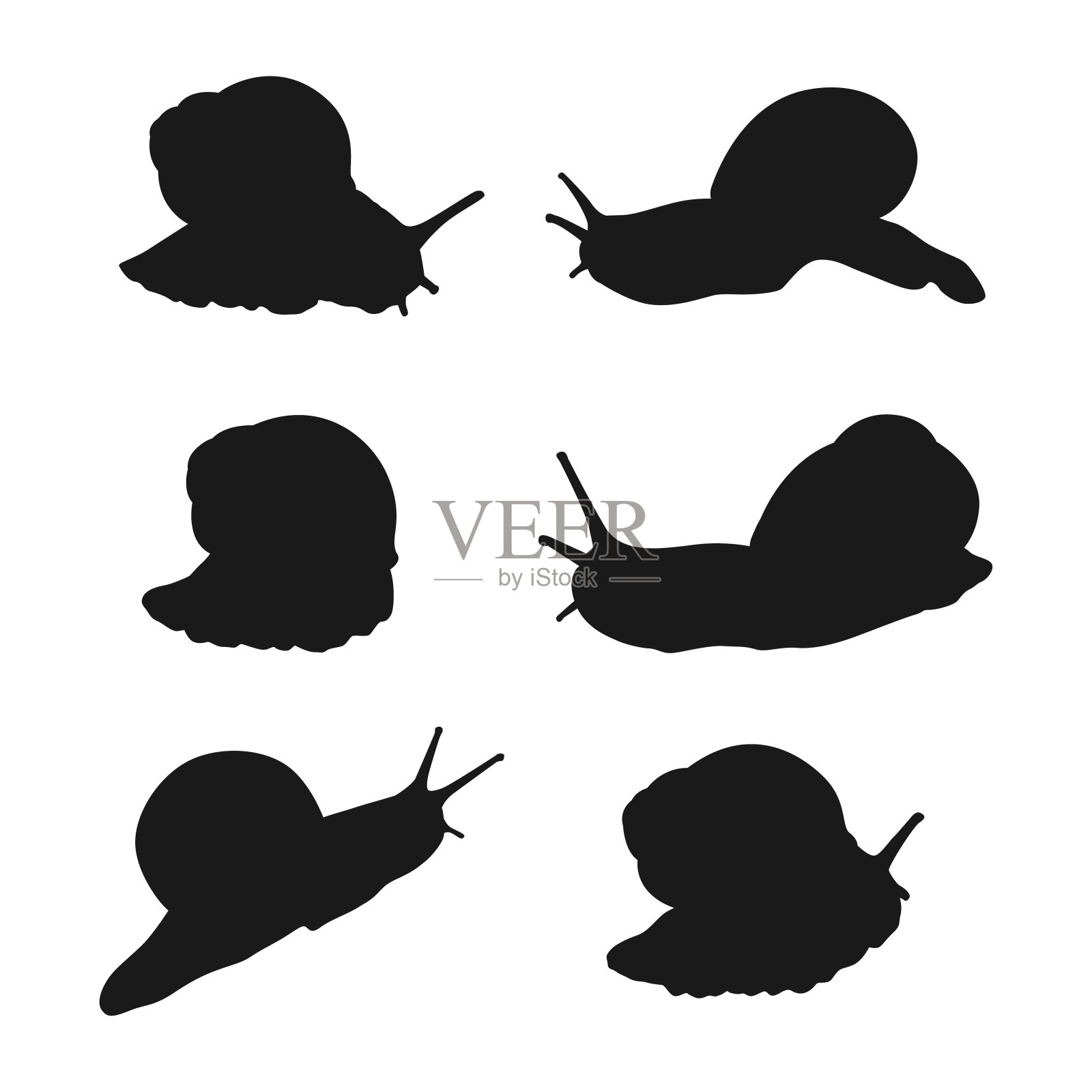 花园蜗牛向量黑色剪影设置孤立的白色背景。设计元素图片