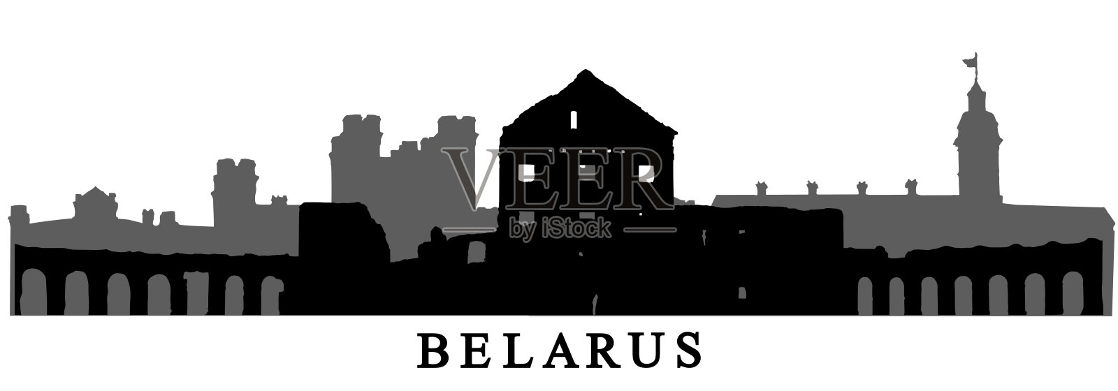 白俄罗斯的地标，奈斯维日城堡、科萨瓦城堡和鲁扎尼宫的剪影。矢量插图。设计元素图片