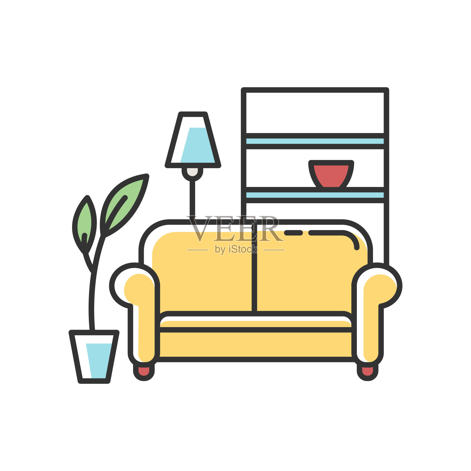 公寓内部RGB颜色图标。客厅家具。舒适的家。沙发,沙发上。休息和放松的地方。常见的宿舍空间。孤立的矢量图插画图片素材