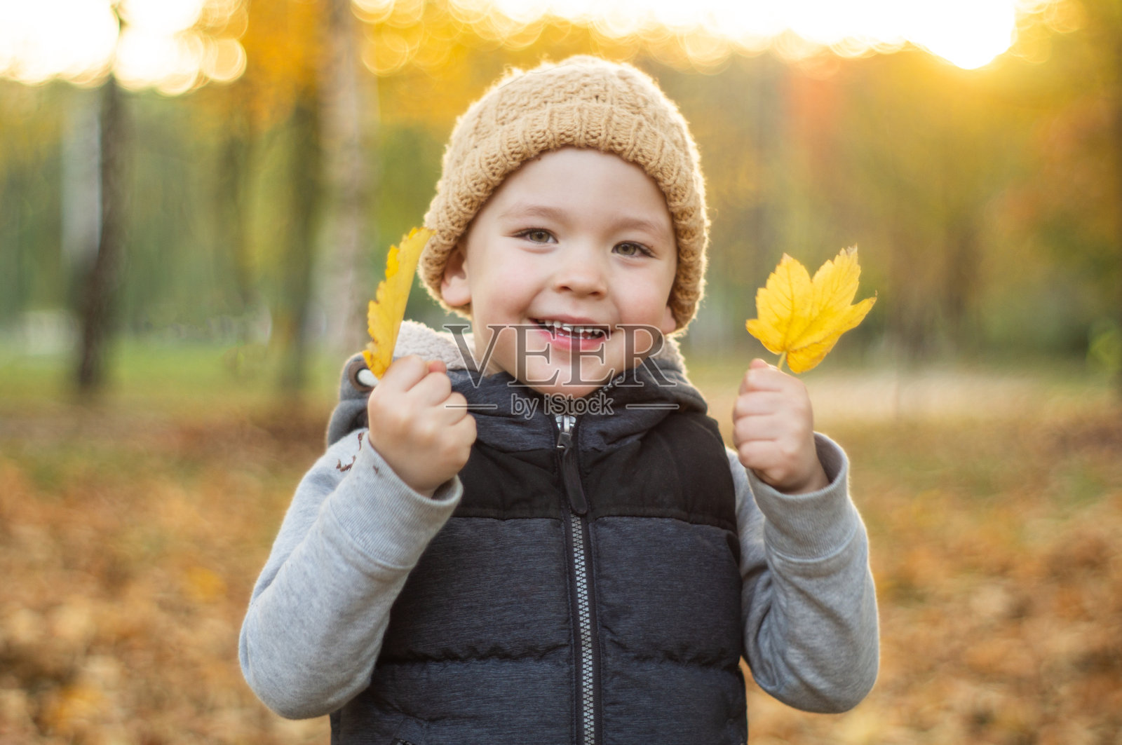 快乐的小宝贝小男孩在秋天的日子里笑着玩着照片摄影图片