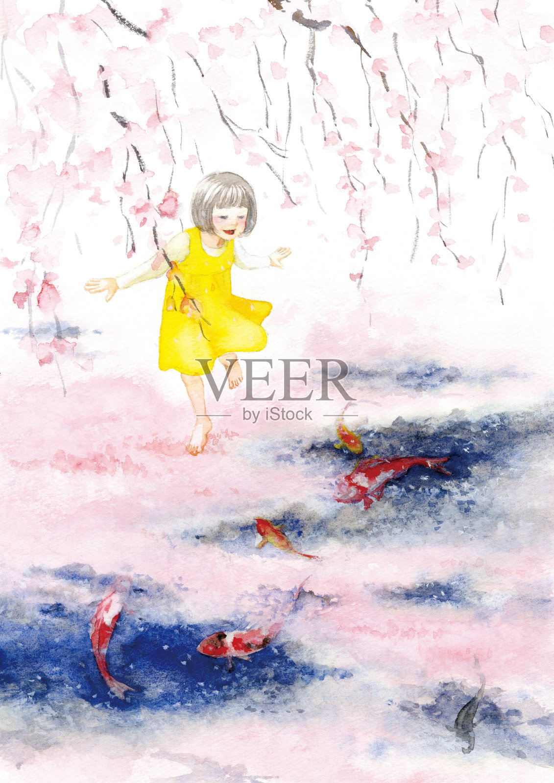 一个女孩走在漂浮在水面上的樱花花瓣地毯上插画图片素材