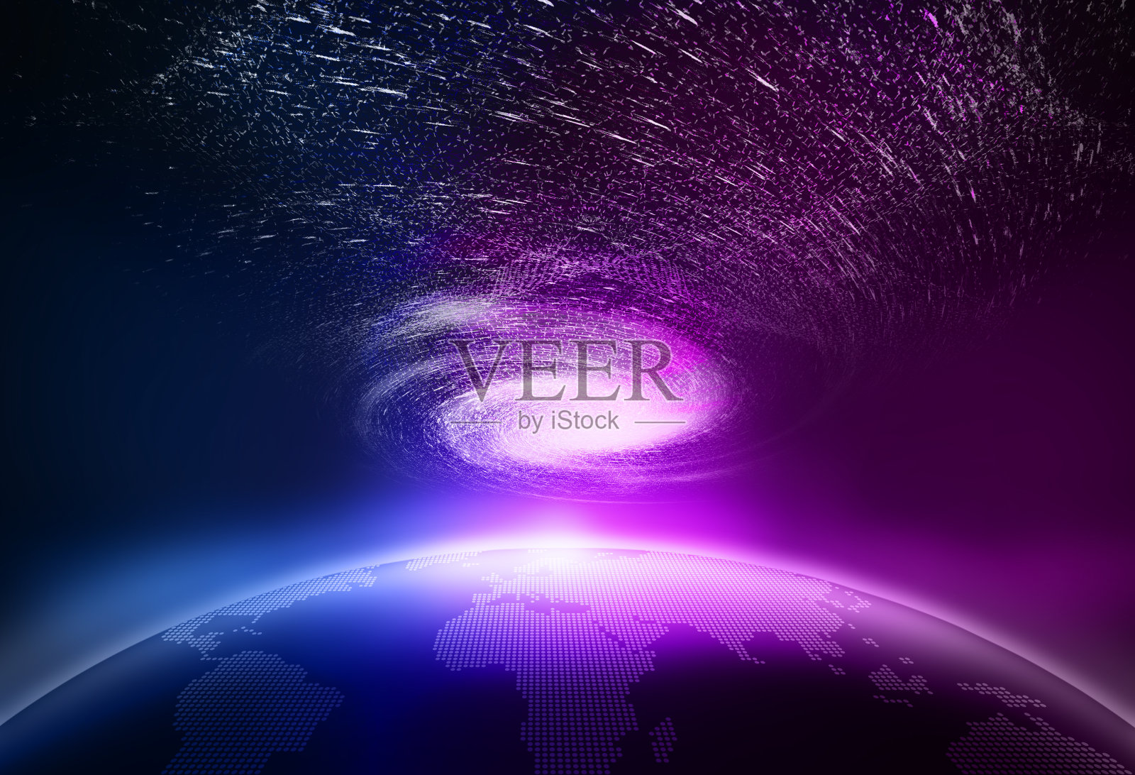 以互联网科技为背景的龙卷星云和漩涡霓虹地球部件的三维渲染。插画图片素材