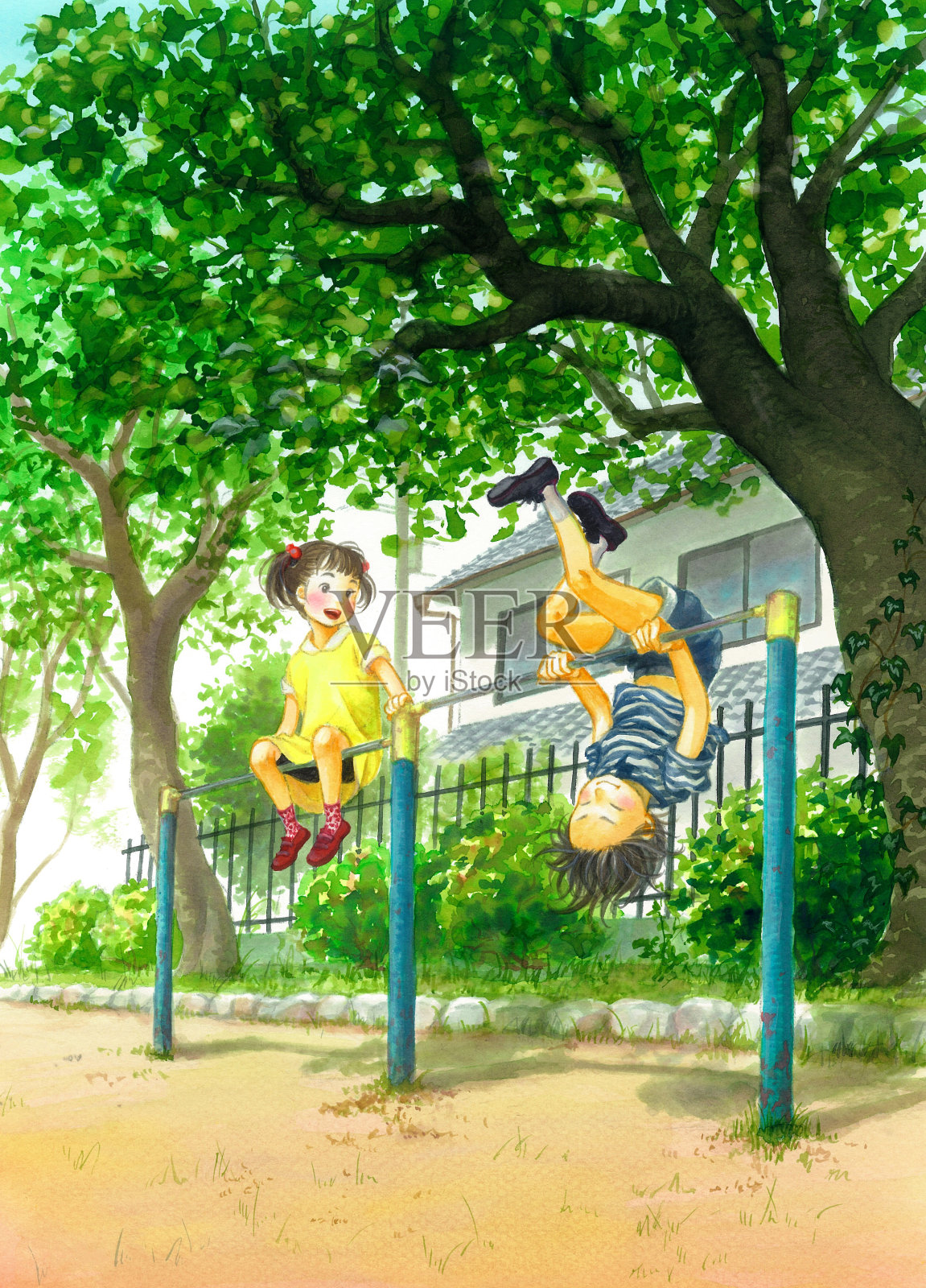 一个男孩和一个女孩在公园里玩插画图片素材