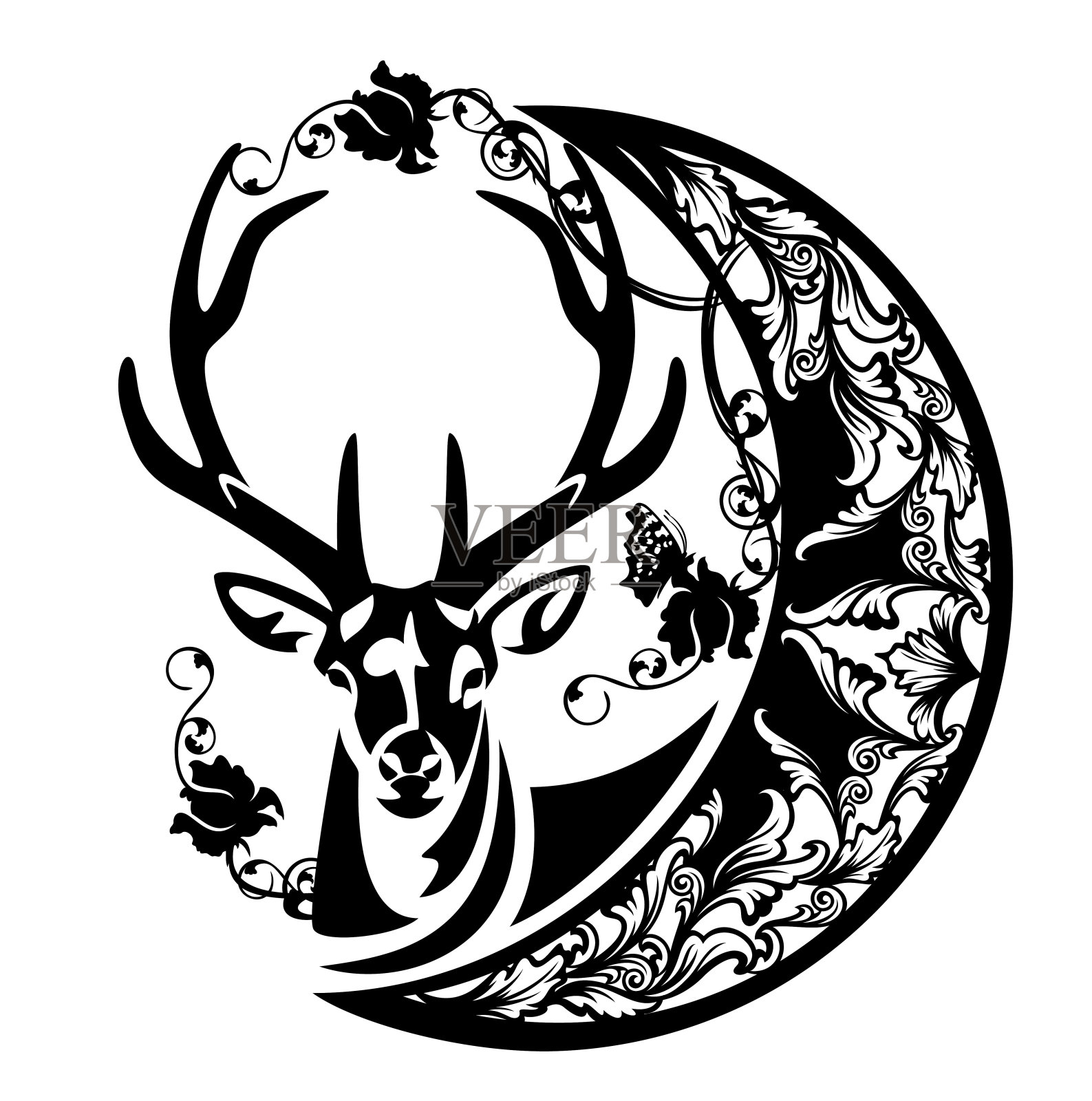 鹿头和新月为甜蜜的梦夜间矢量概念装饰设计元素图片