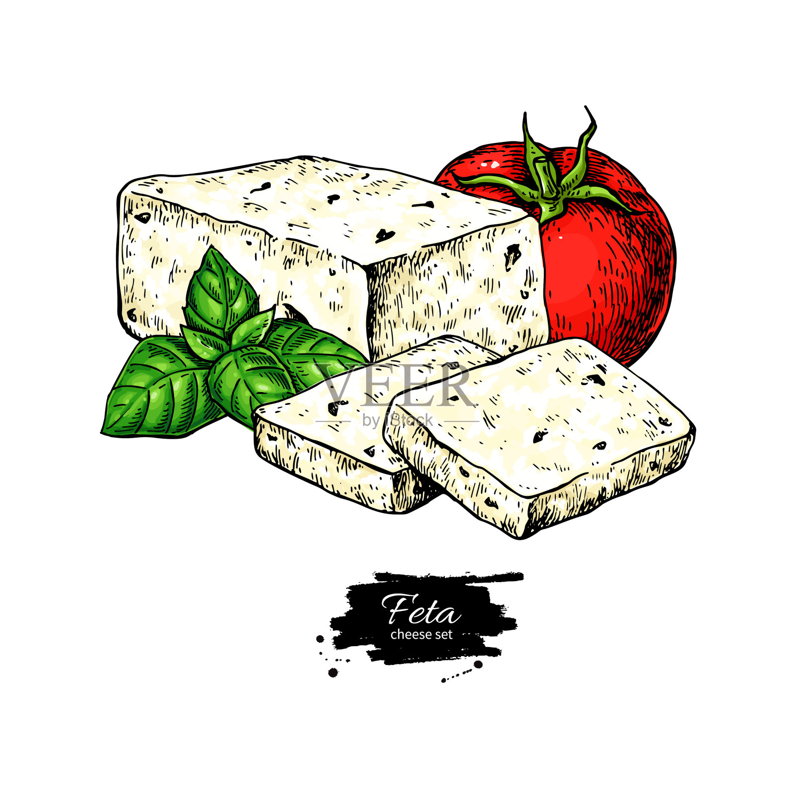 希腊羊乳酪块画。用罗勒、番茄手绘食物素描。设计元素图片