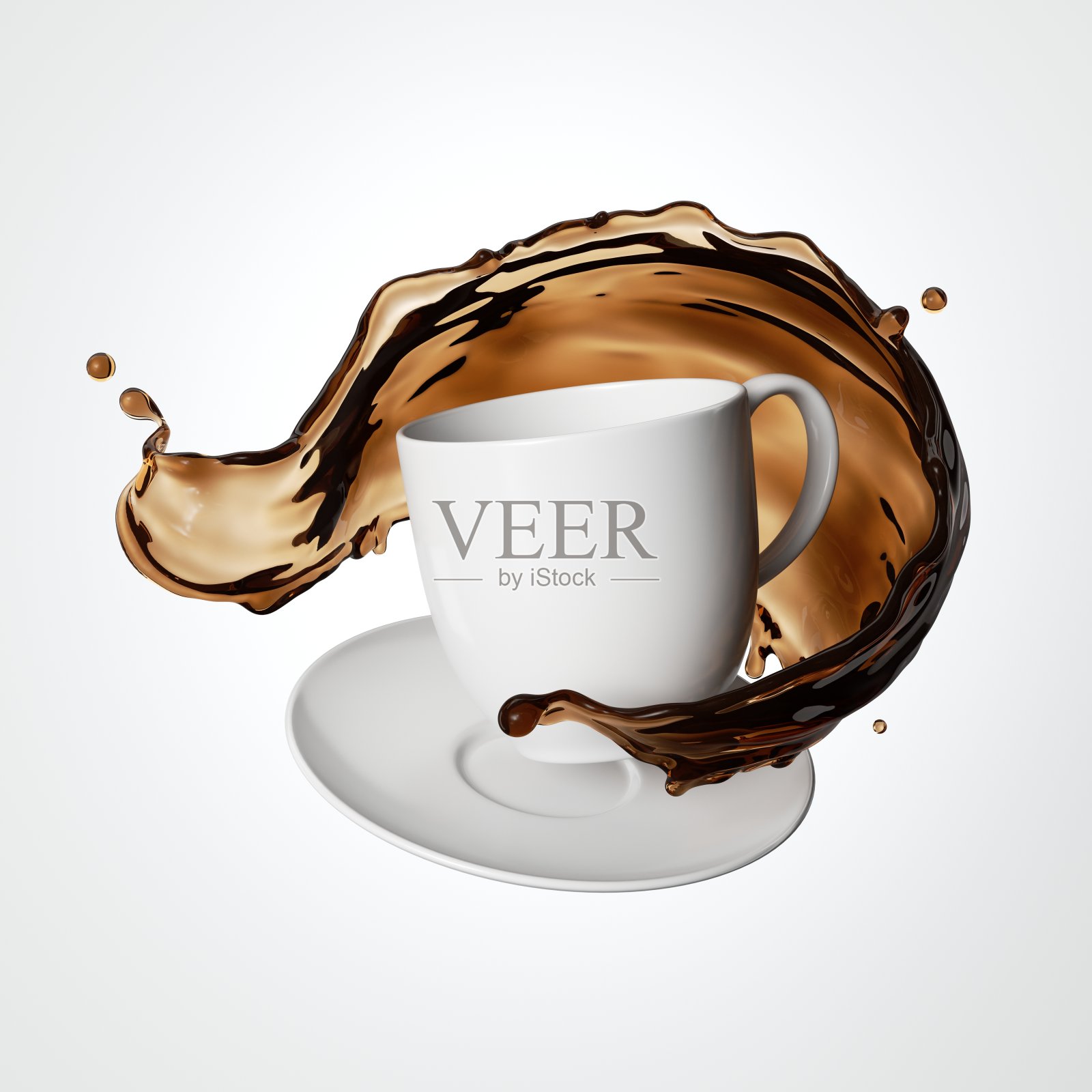 3d渲染，空白色杯与棕色液体溅咖啡或茶饮料，孤立在白色背景。悬浮的概念。照片摄影图片