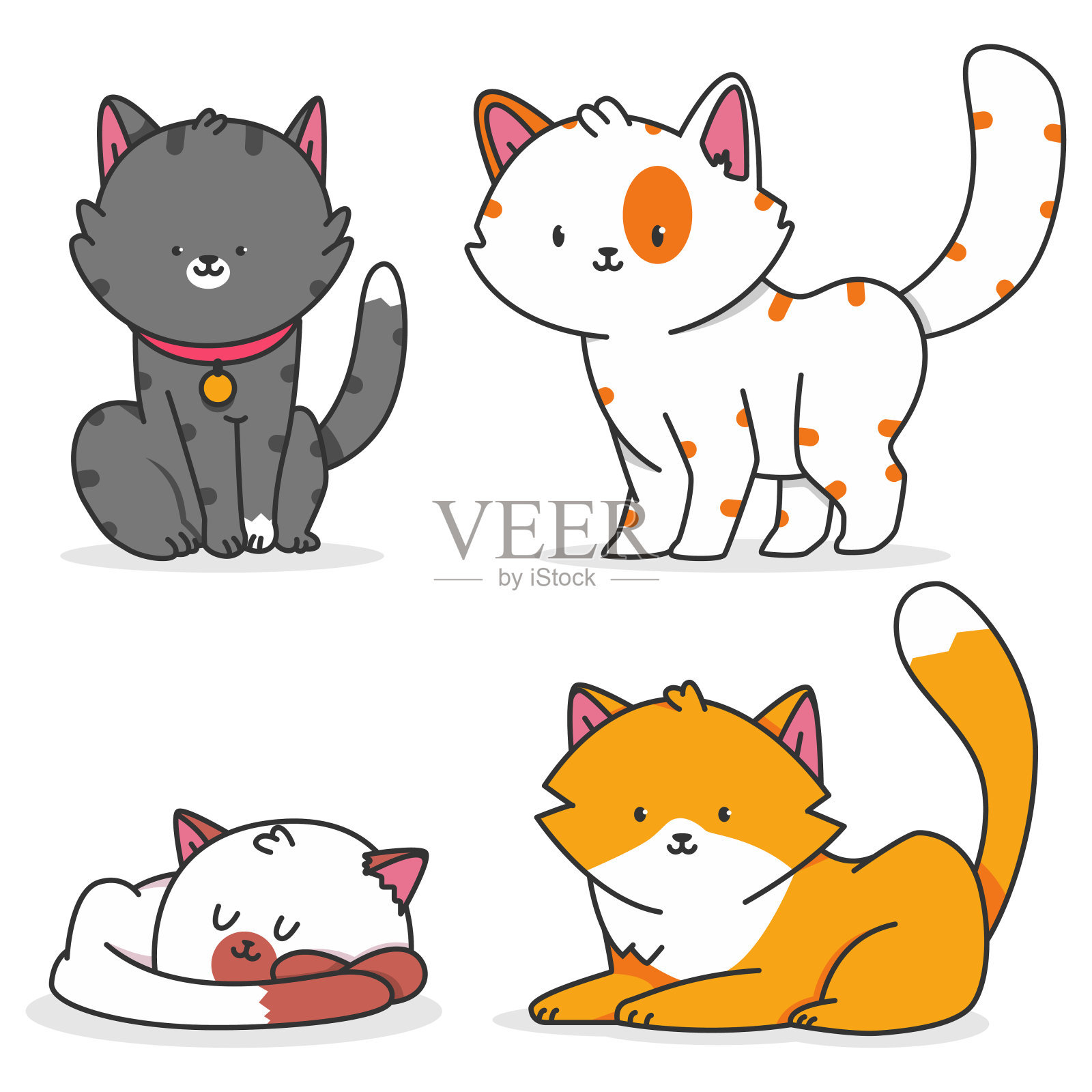 可爱的猫矢量卡通人物集孤立在白色的背景。插画图片素材