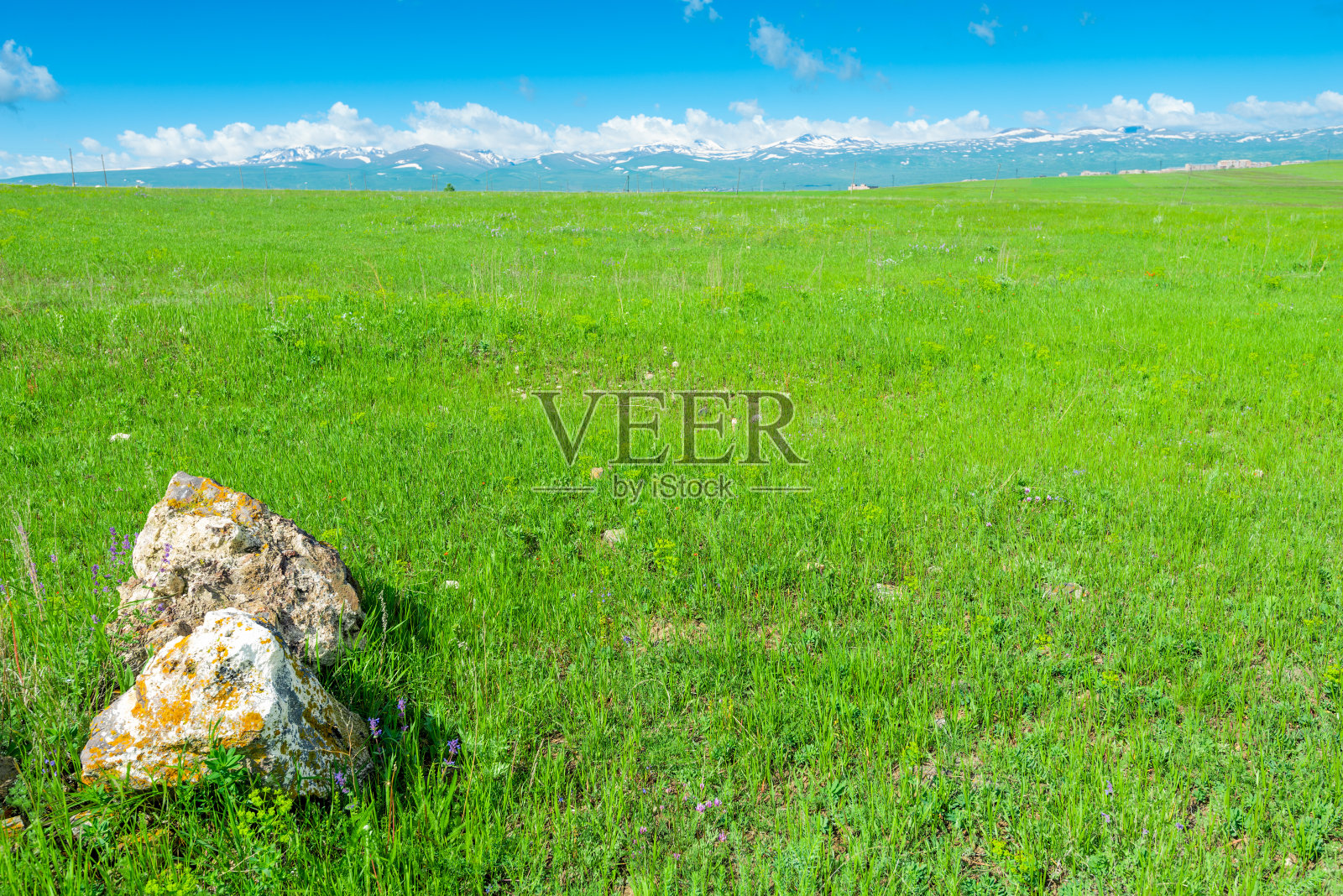 绿色的田野，山景，左下角的石头——美丽简洁的亚美尼亚景观照片摄影图片