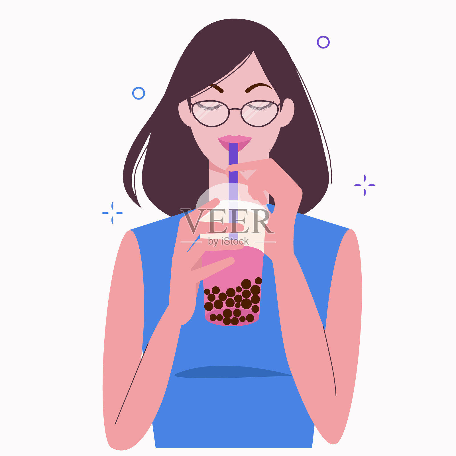年轻女子喝粉红色的珍珠奶茶。台湾流行和著名的饮料珍珠与木薯黑珍珠。卡通平面矢量插图。插画图片素材