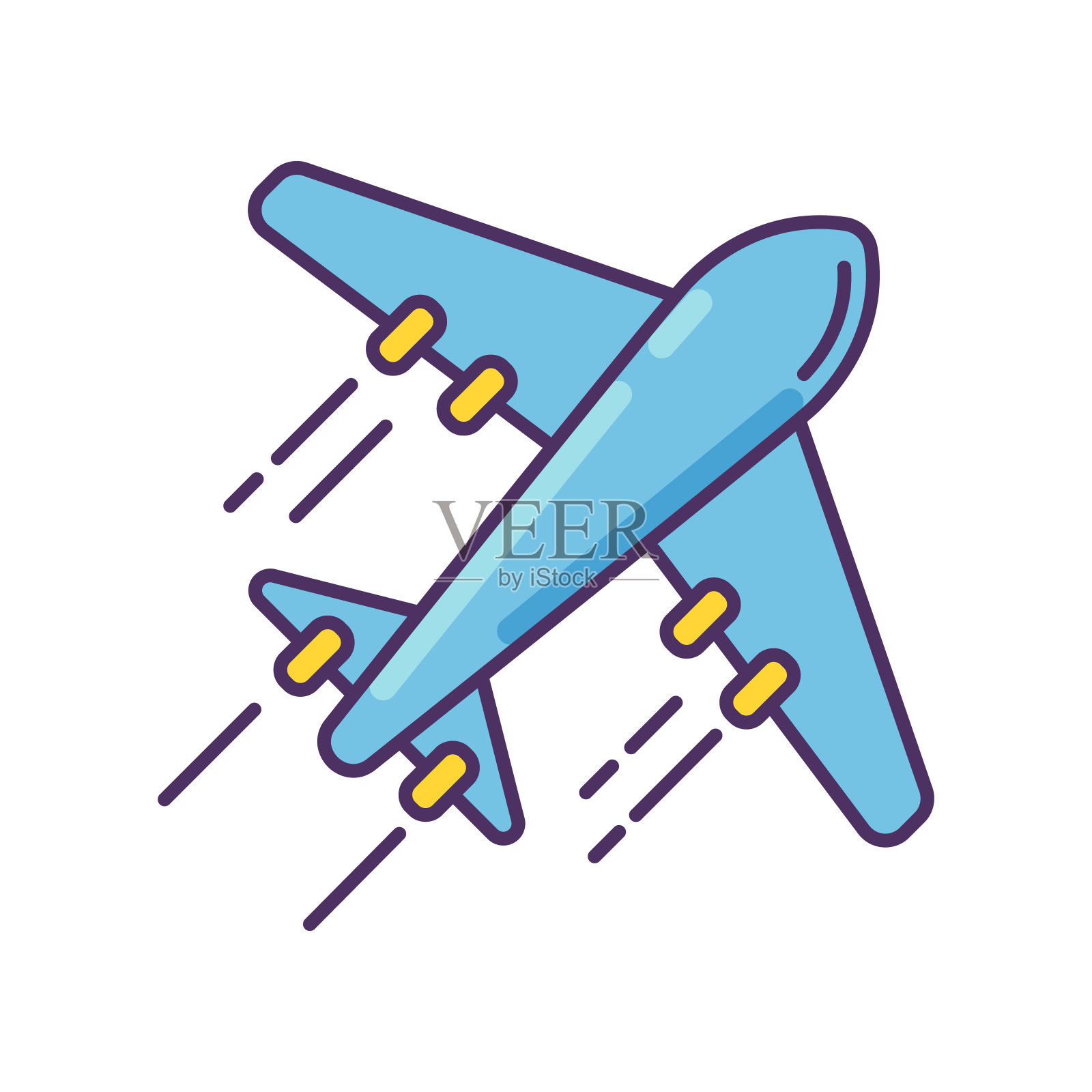 飞机蓝色RGB颜色图标。与航空公司的班机。乘飞机到目的地。出国旅行。乘坐飞机进行国际旅行。航行交通工具。旅游,旅行。孤立的矢量图插画图片素材
