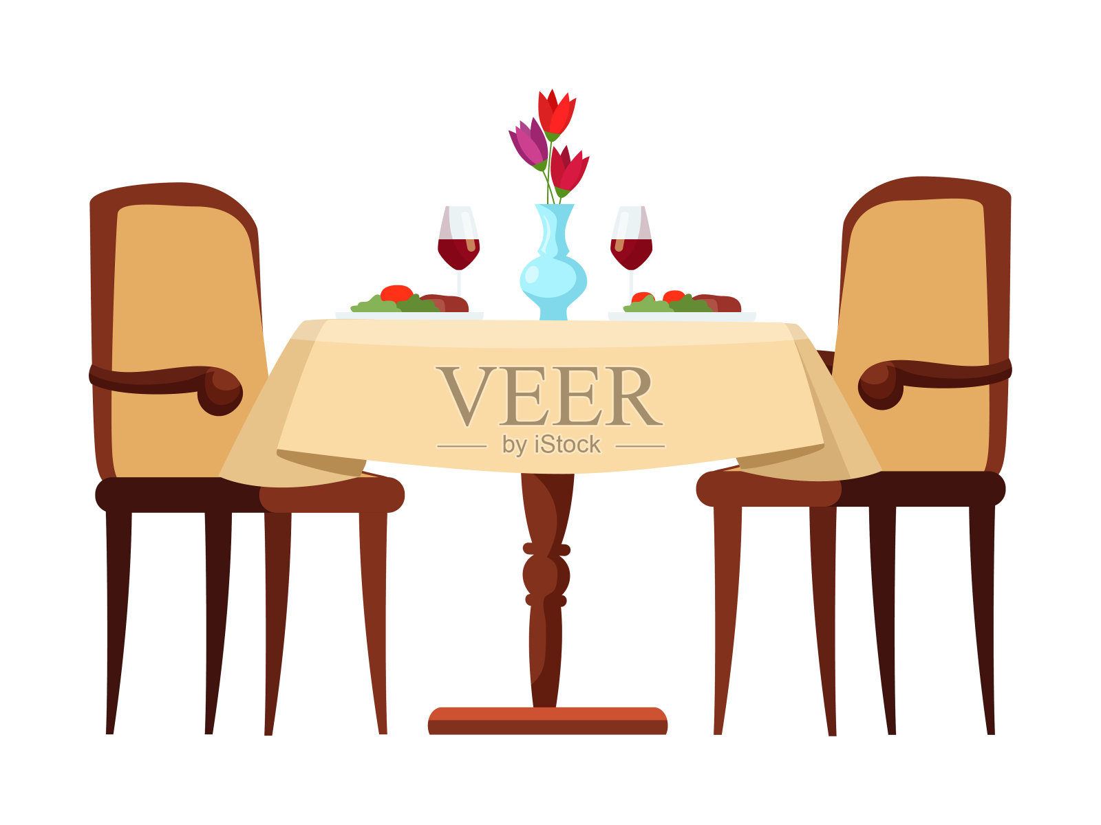 餐桌与菜肴，浪漫晚餐在餐厅孤立插画图片素材