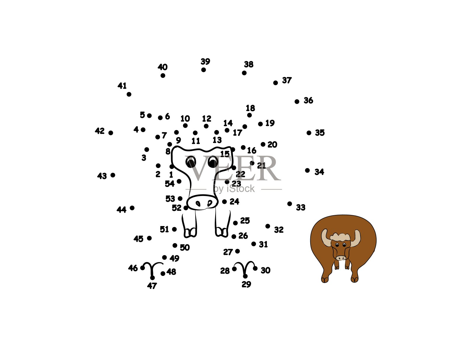 牛、奶牛、动物。点对点游戏教育。手绘可爱的插图，彩色矢量图像设计元素图片
