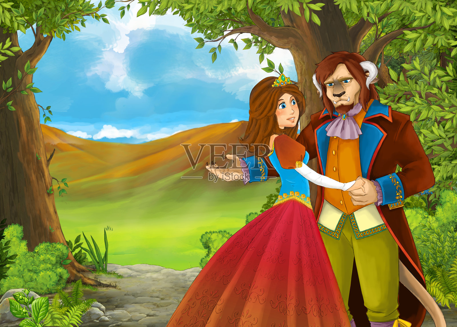 卡通自然景观与美丽的城堡与王子和公主插图插画图片素材