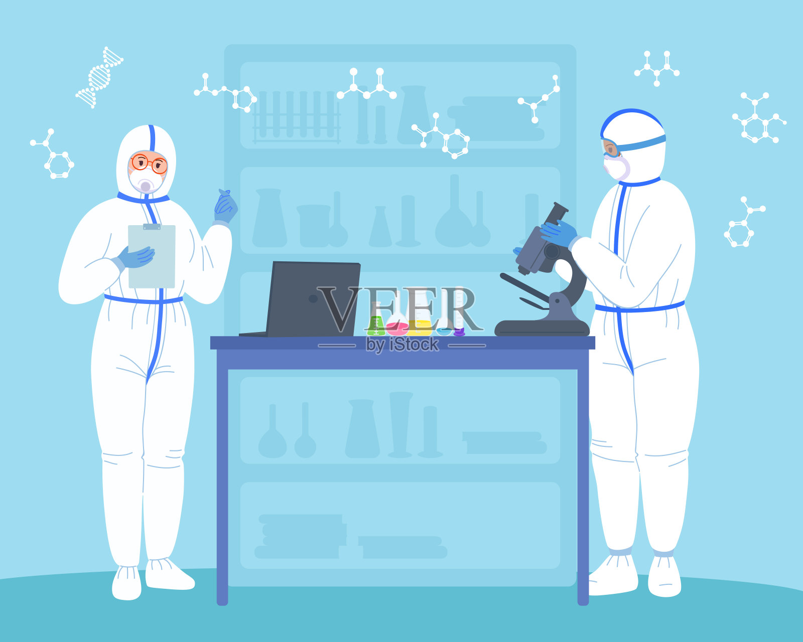 实验室里的科学家穿着显微镜防护服，戴着面罩插画图片素材
