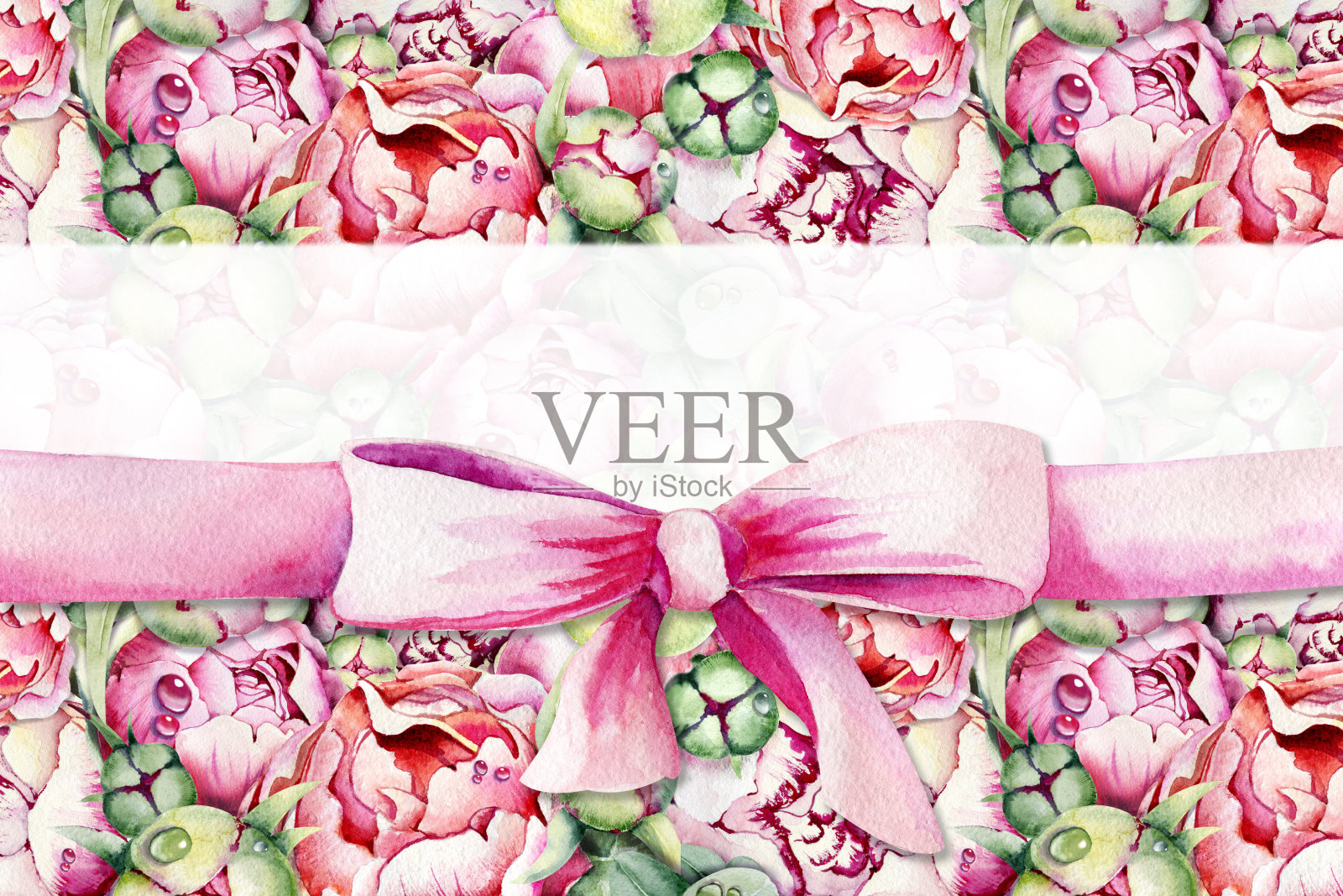 贺卡模板与牡丹，玫瑰花，桉树叶和礼品丝带，蝴蝶结。手水彩插图孤立的白色背景。婚礼设计，问候，情人节设计元素图片
