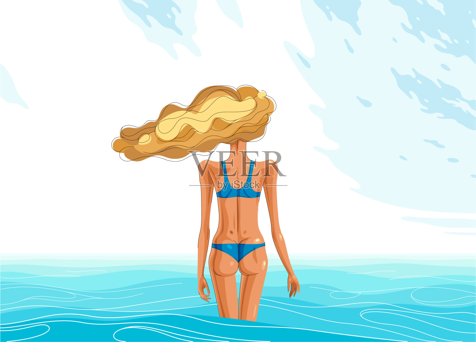 苗条的小女孩从后面站在大海或海水矢量图上，暑假宁静的场景放松和休息的概念，摆脱了所有的问题。插画图片素材