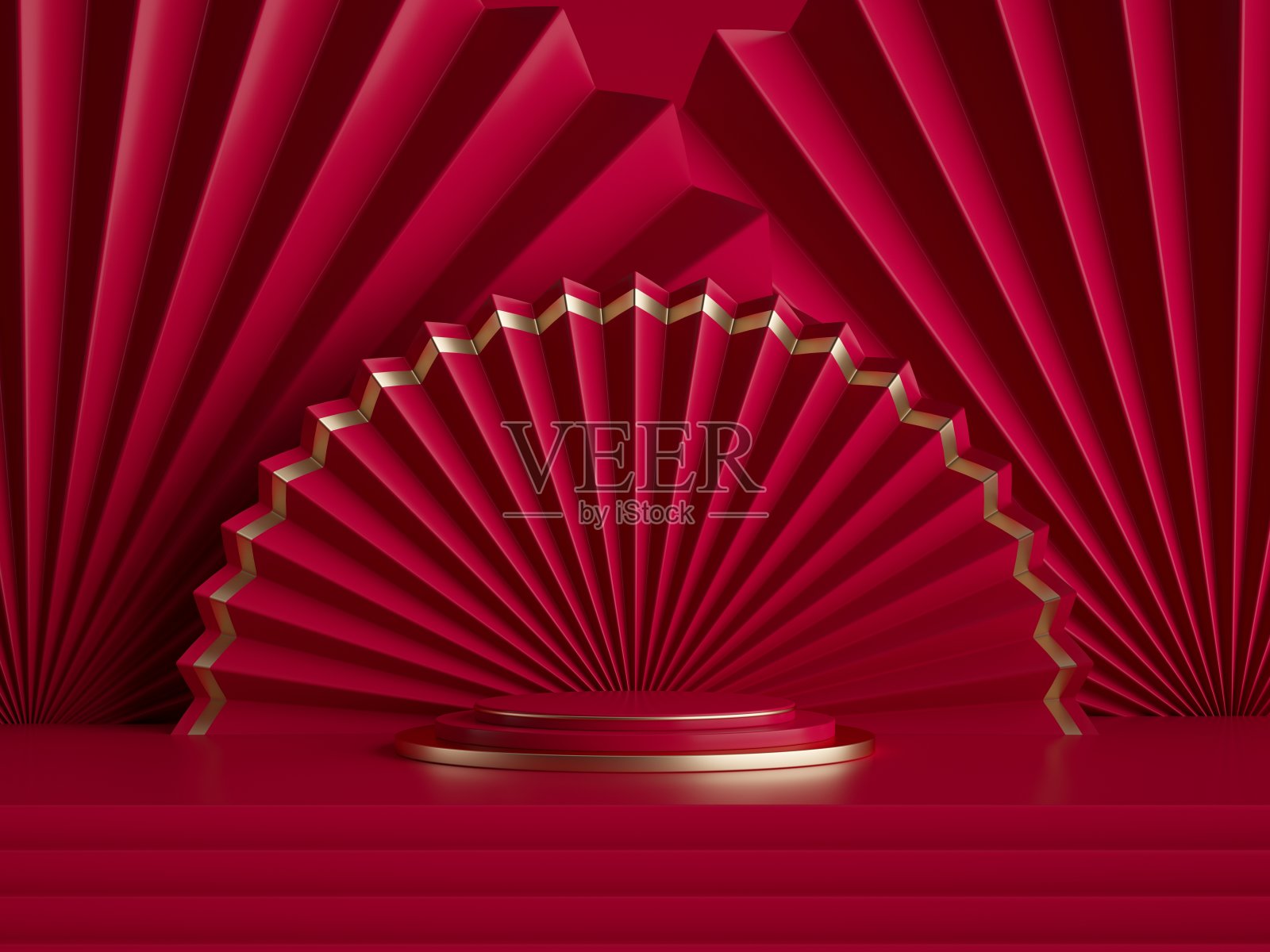 3d渲染，抽象的红金色背景与空基座，时尚领奖台。圆形舞台后面是节日纸折的扇子装饰，空白的展示模板用于产品展示照片摄影图片