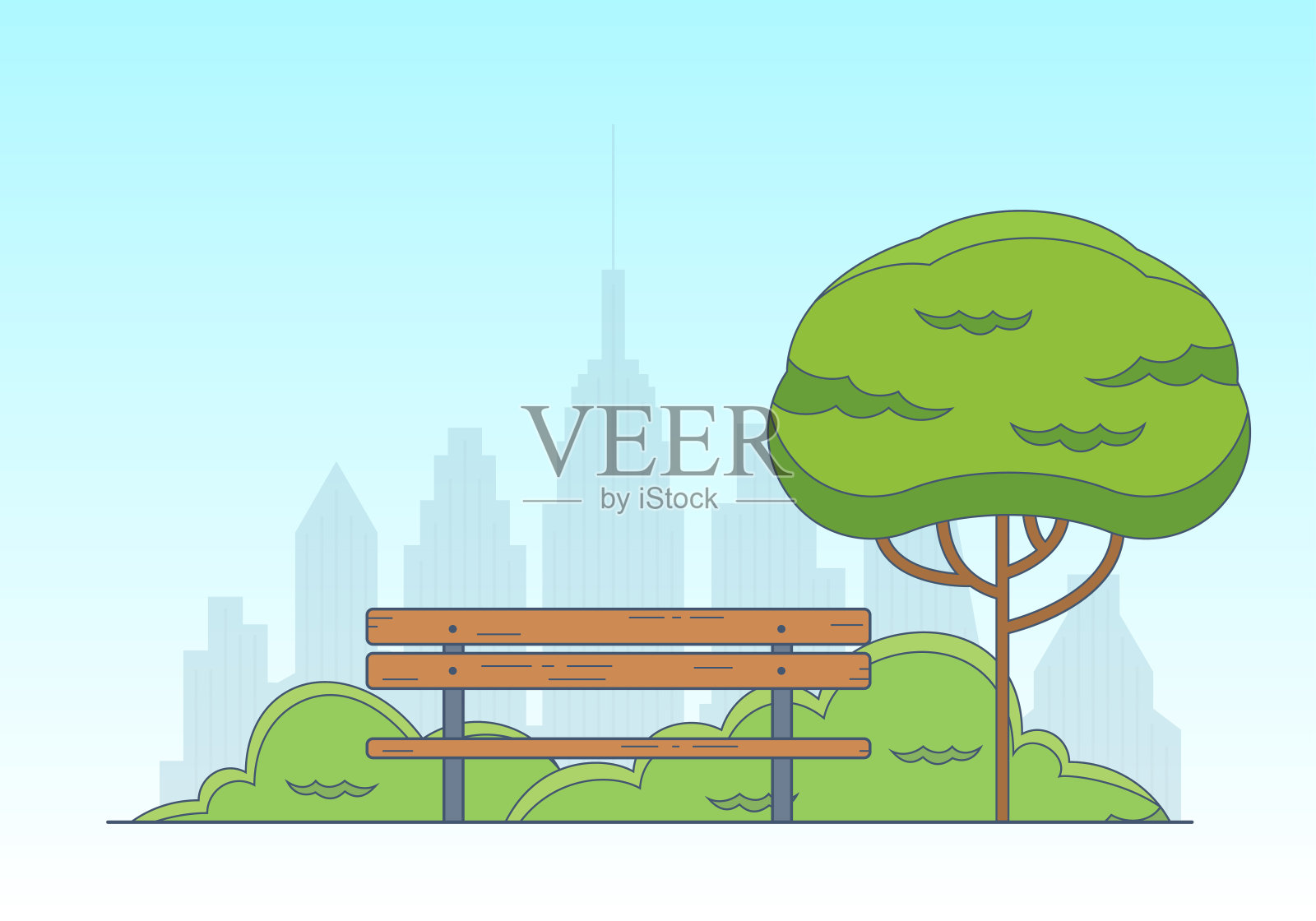 城市公园的背景。花园景观有长凳，绿树和城市景观。公园标志。矢量插图。插画图片素材