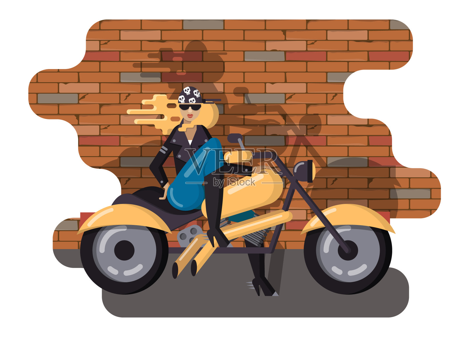 女摩托车手，穿着头巾，皮夹克，墨镜和牛仔裤在摩托车上对着破旧的砖墙摆姿势插画图片素材