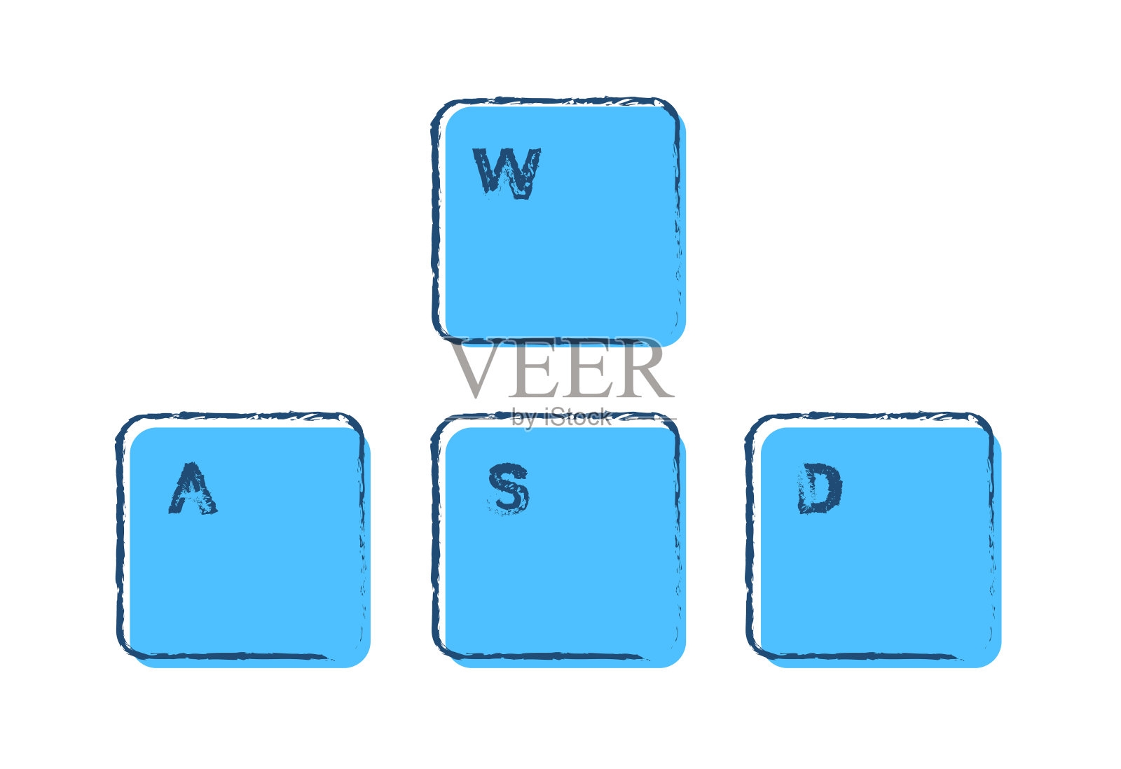 一组游戏键盘按键A W S D在白色背景上，用墨水和蓝色绘制插画图片素材