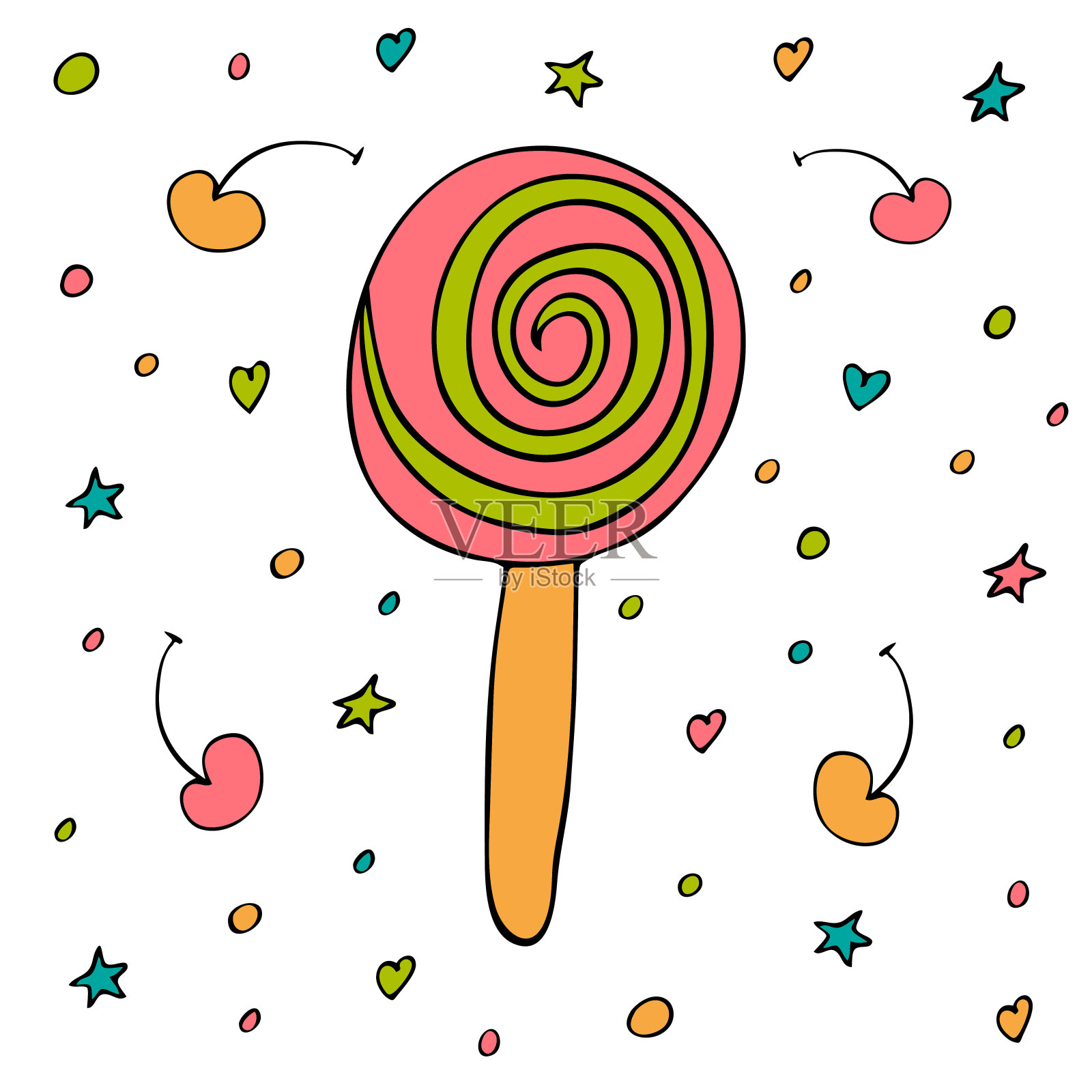 一根樱桃棒上螺旋状的圆形冰淇淋。手绘。夏天的甜点。美味的小吃。设计元素图片