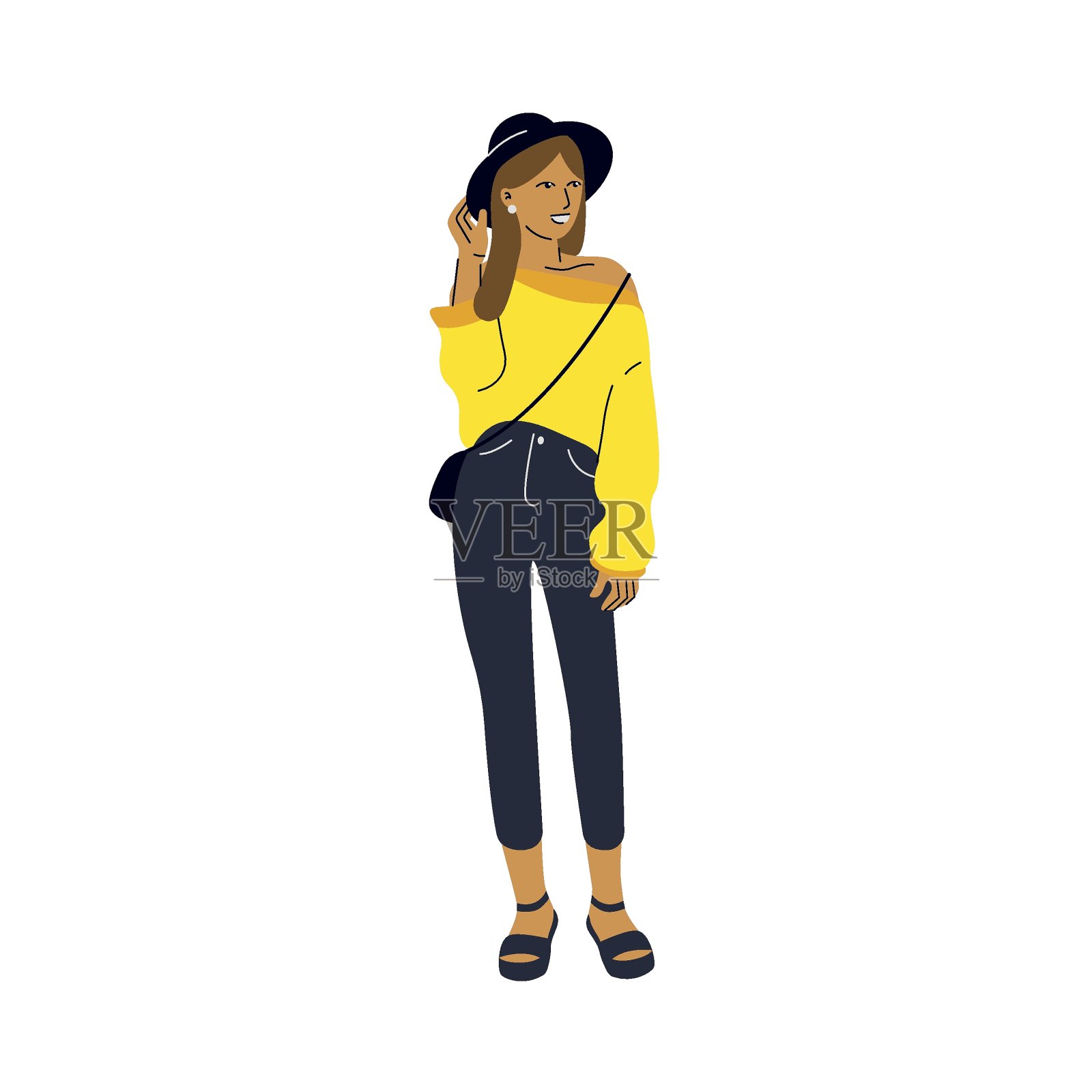 穿黄色衬衫的晒黑的女孩。设计元素图片