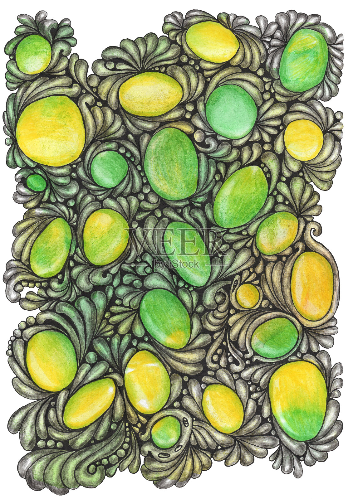 水彩和铅笔插图与绿色和黄色宝石插画图片素材