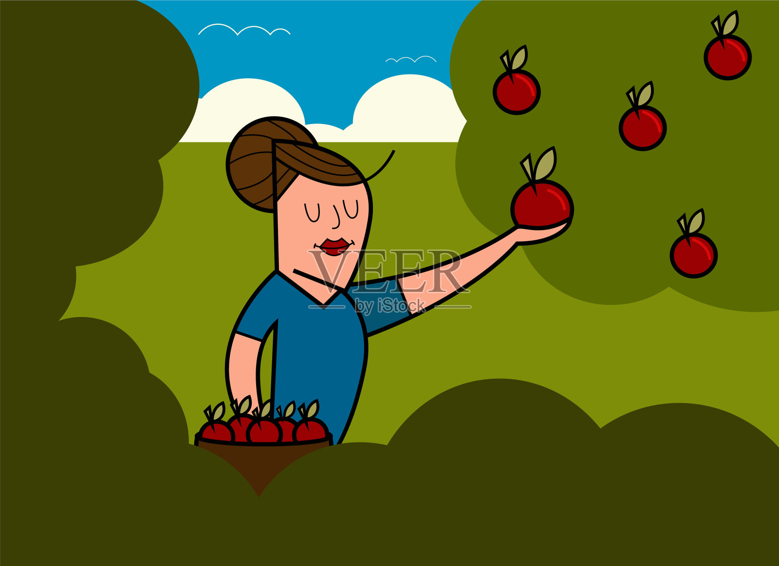 白人妇女收集苹果从一棵苹果树在花园里到一个篮子，矢量插图插画图片素材