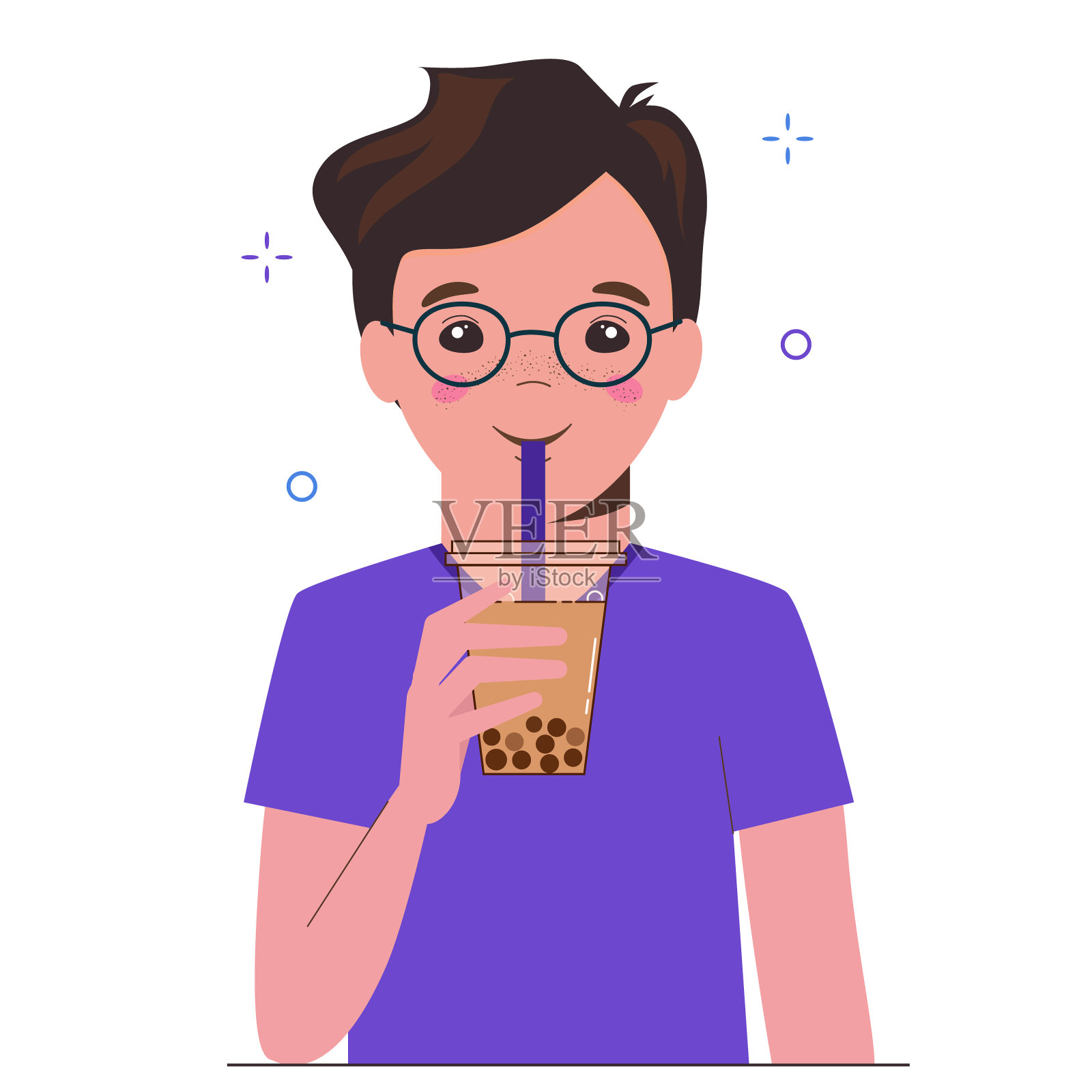 年轻人喝珍珠奶茶或珍珠奶茶。台湾著名和流行的饮料与木薯黑珍珠。平面卡通插图上的白色背景。插画图片素材
