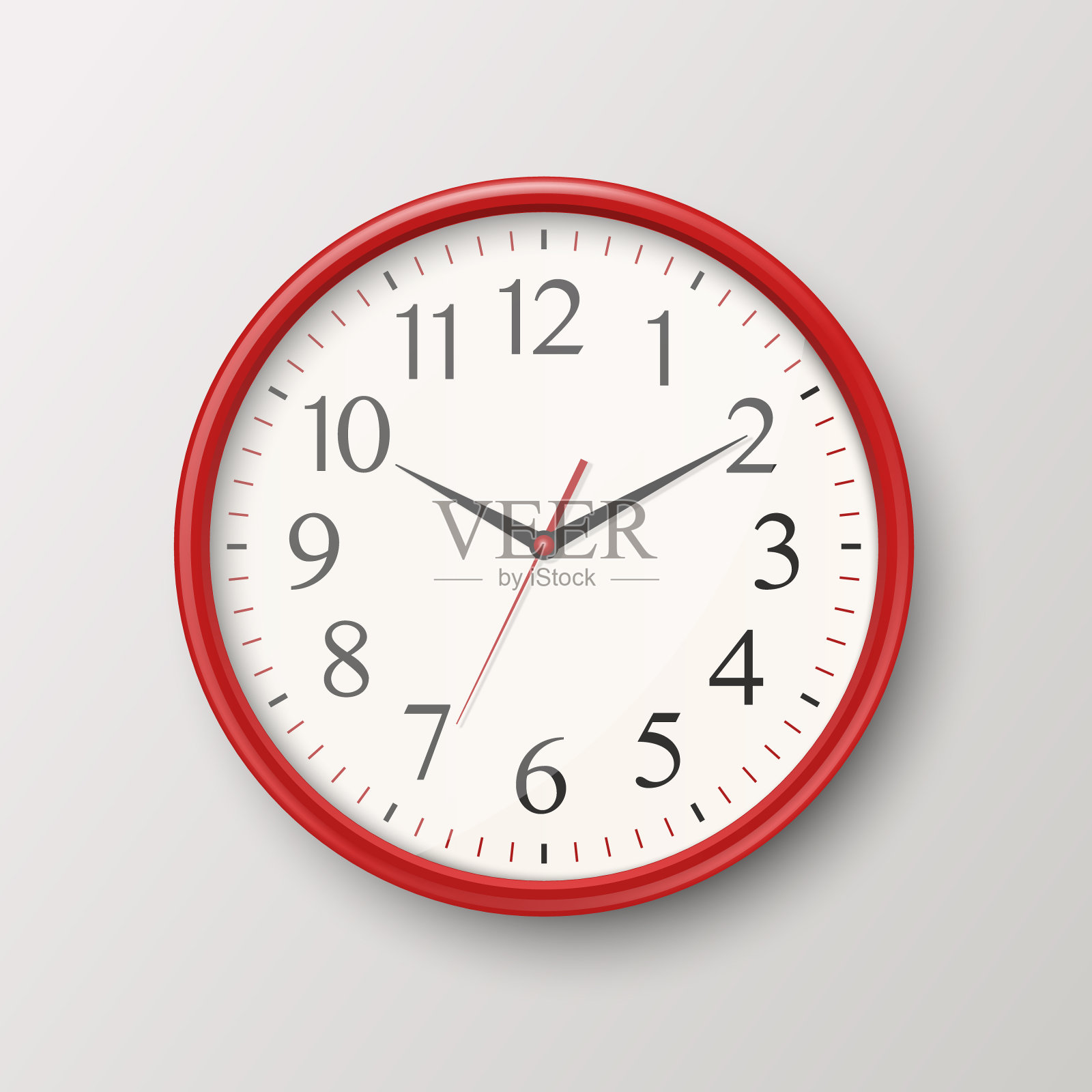 矢量3d现实简单圆形红墙办公室时钟与白色表盘图标特写隔离在白色背景。设计模板，实体品牌，广告。前视图或俯视图插画图片素材