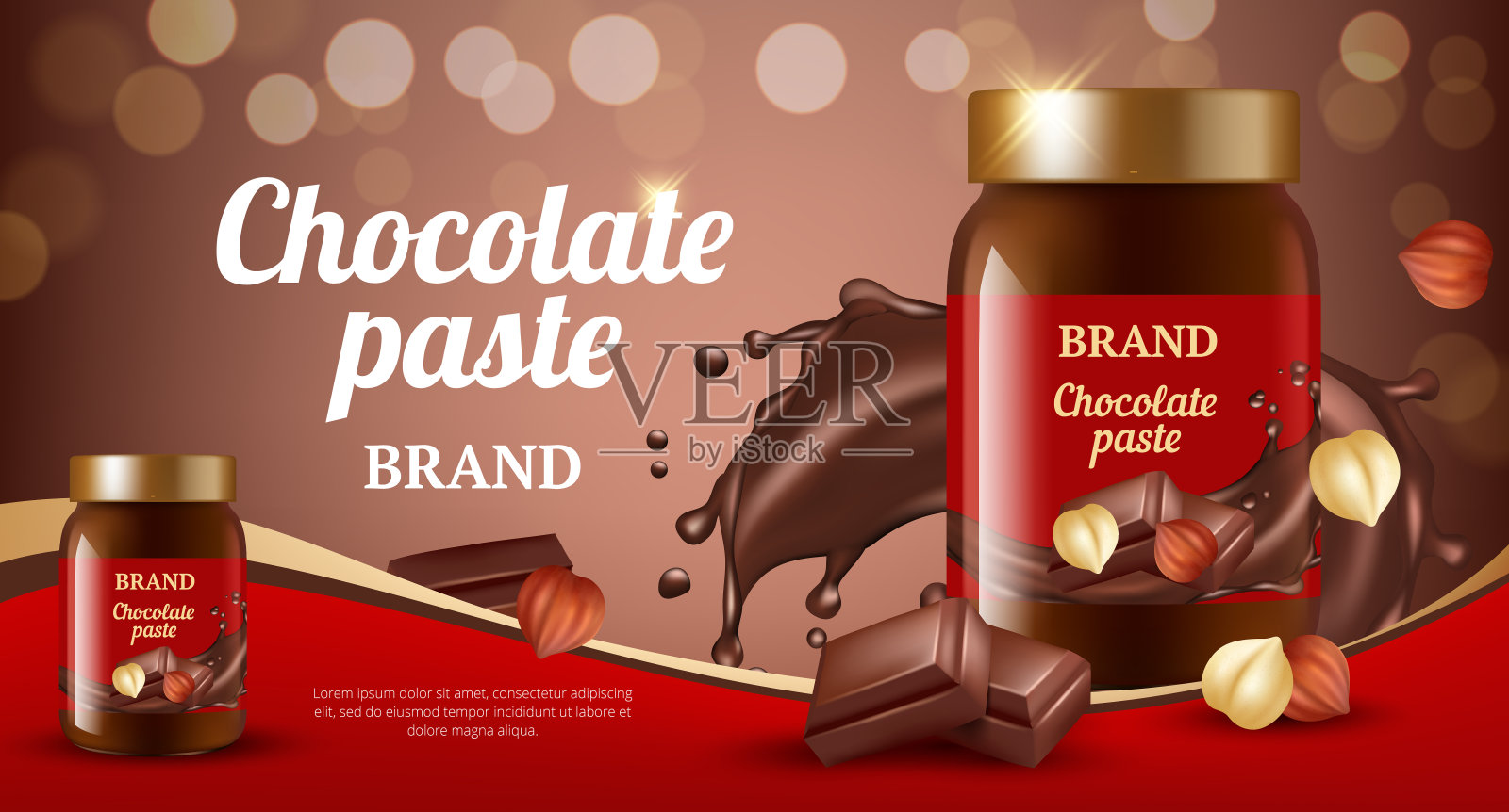 巧克力奶油广告。美味的甜棕色酱流吃产品向量逼真的促销海报插画图片素材