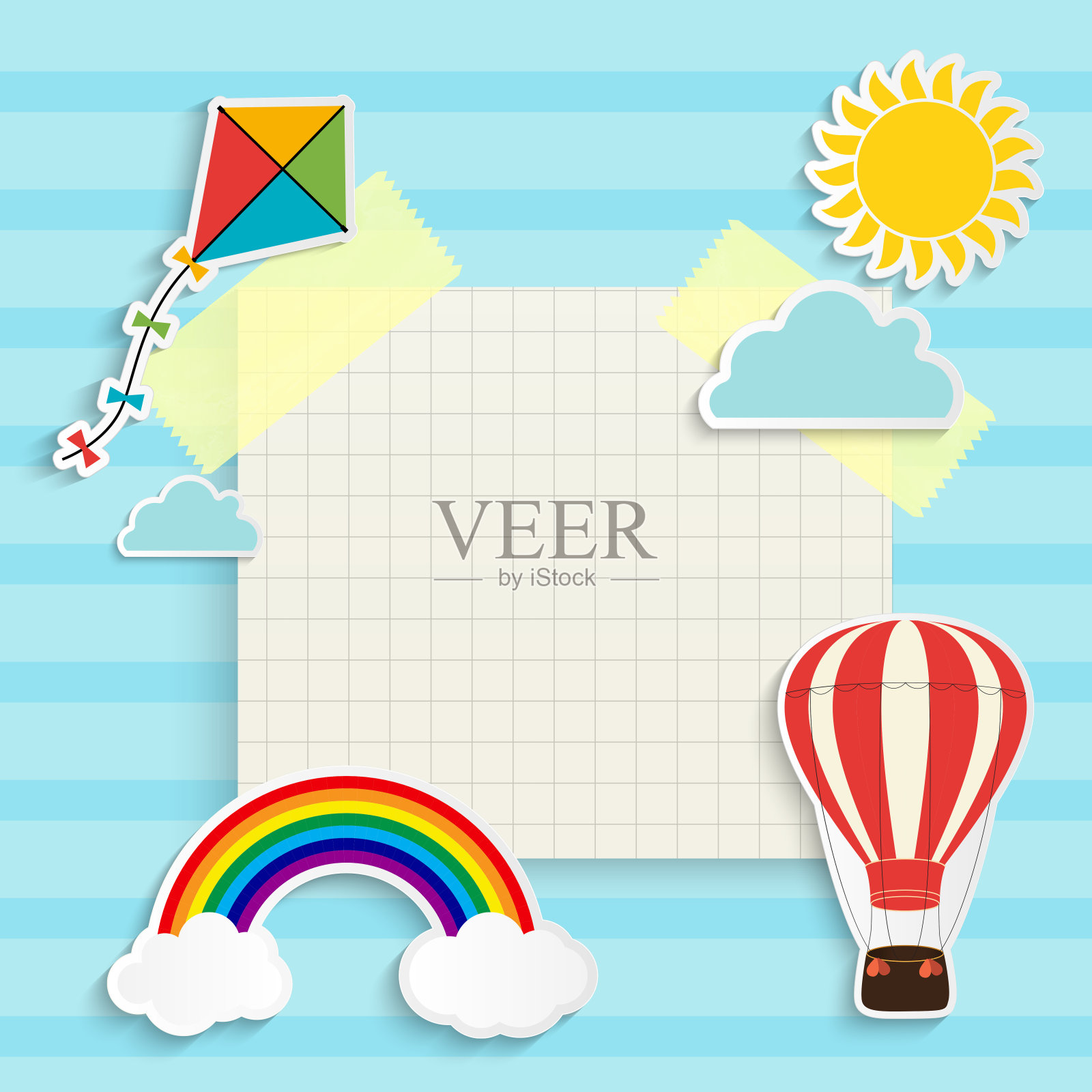 儿童背景有彩虹，太阳，云彩，风筝和气球。文本。矢量图插画图片素材