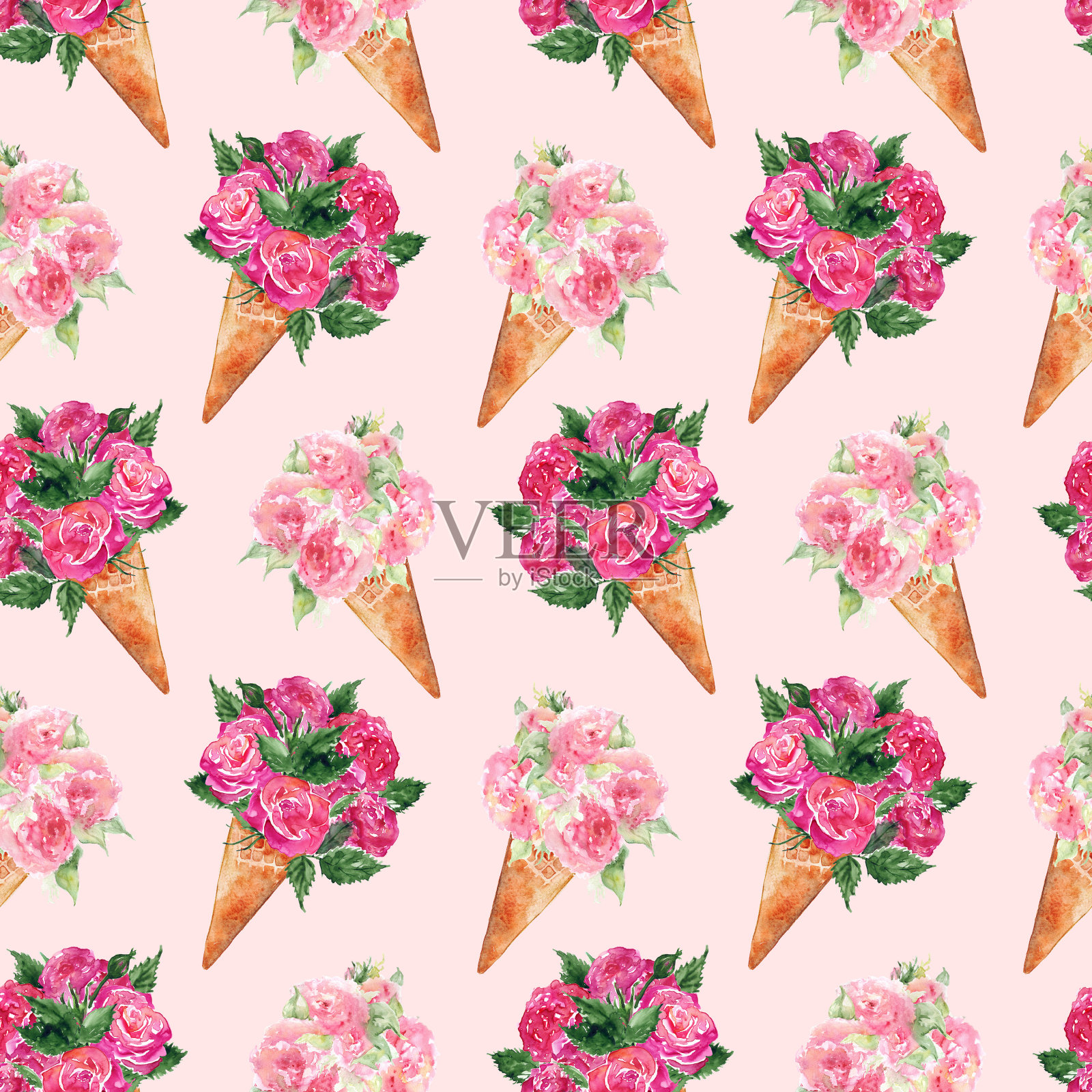 水彩花束，牡丹，玫瑰，康乃馨，冰淇淋，华夫饼，甜甜点，无缝图案纹理背景设计元素图片