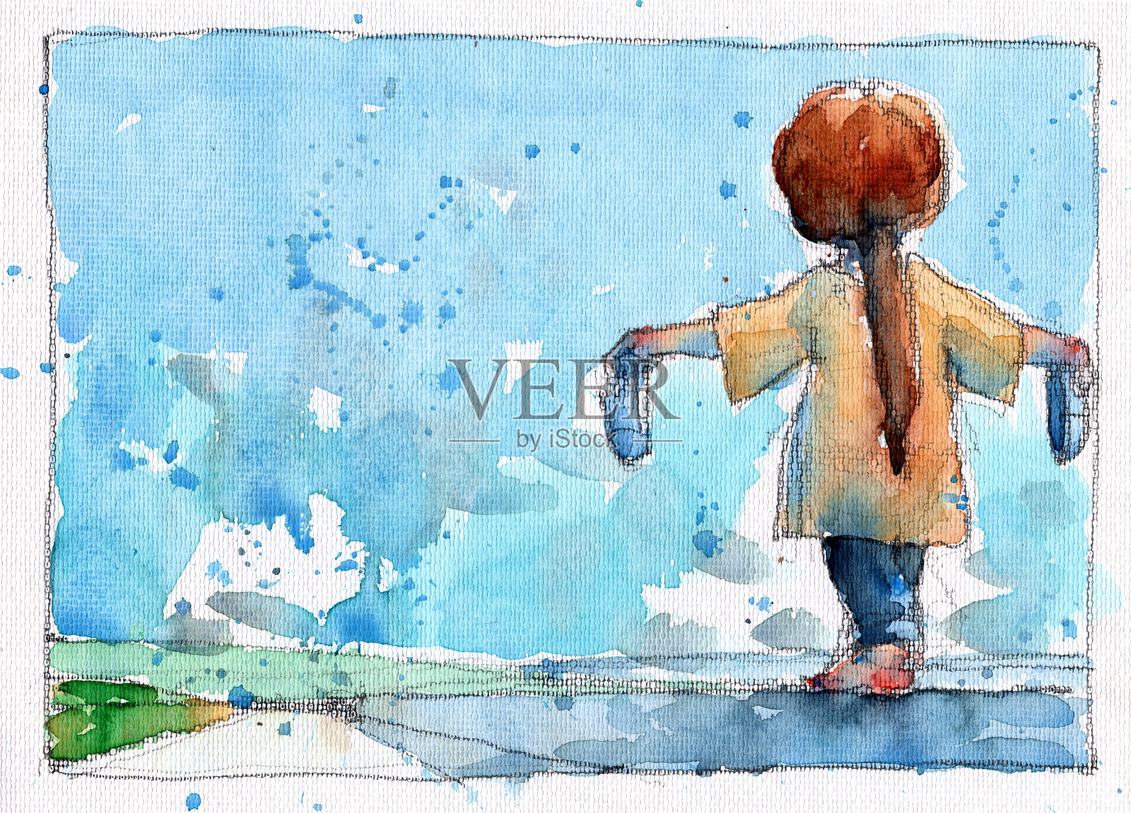 水彩画的女孩走在墙上的湖，手绘在纸上插图扫描插画图片素材