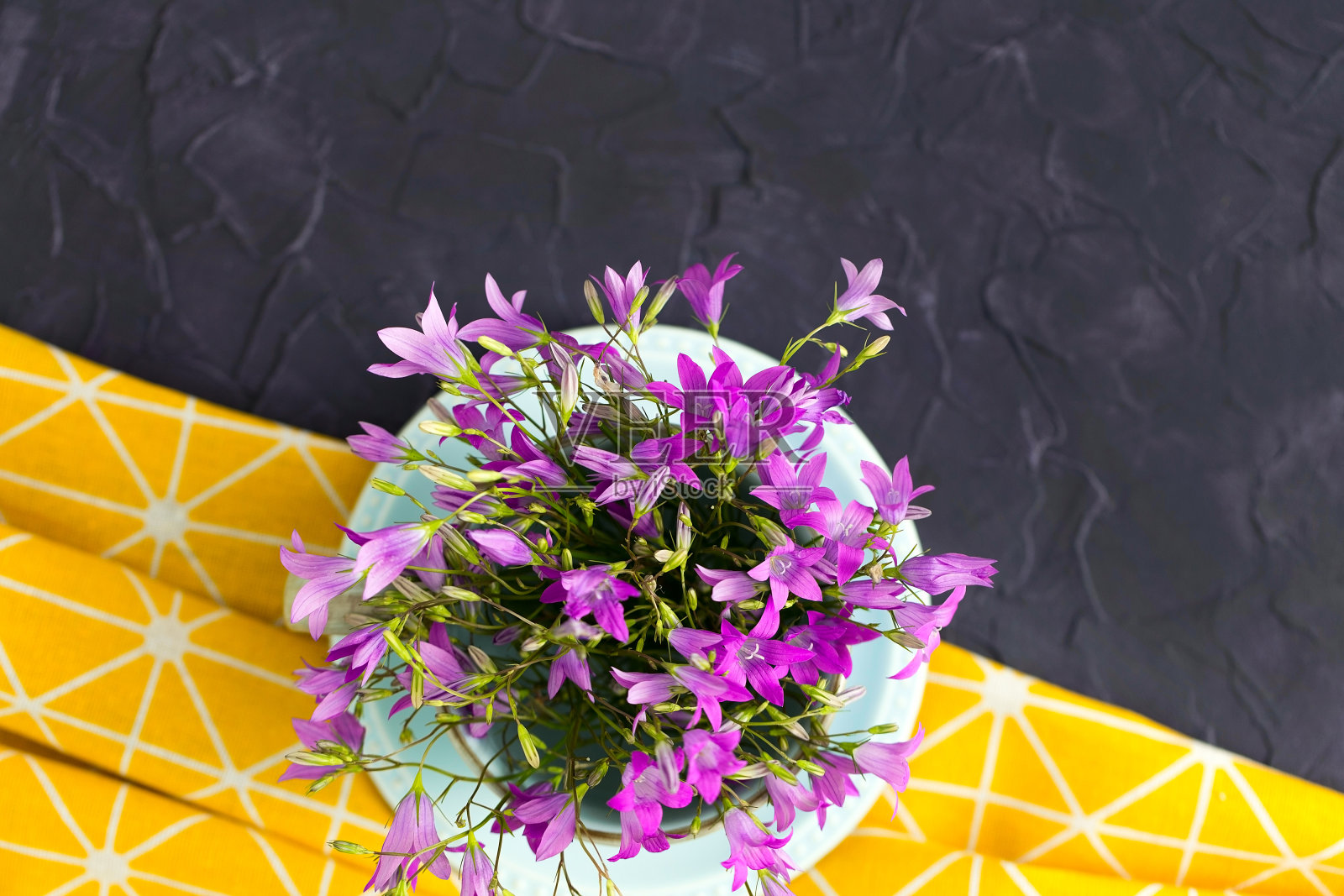 在黄黑抽象的背景上，杯子里装满了亮粉色的花朵，静物从上面俯瞰照片摄影图片