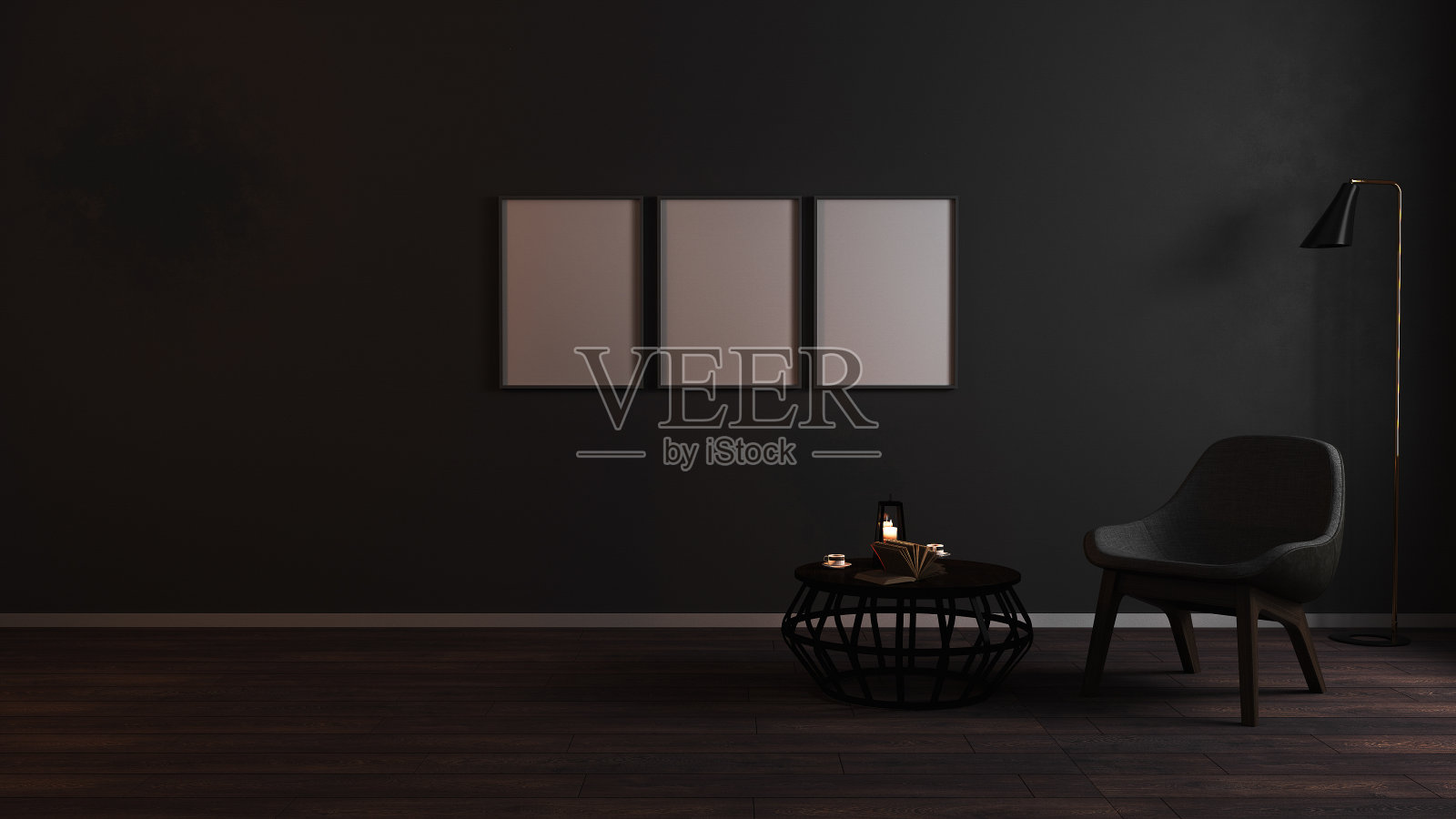 空白垂直框架模拟豪华黑暗客厅室内背景与灰色扶手椅在夜间灯光，豪华客厅室内与空的图片框架，3d渲染照片摄影图片