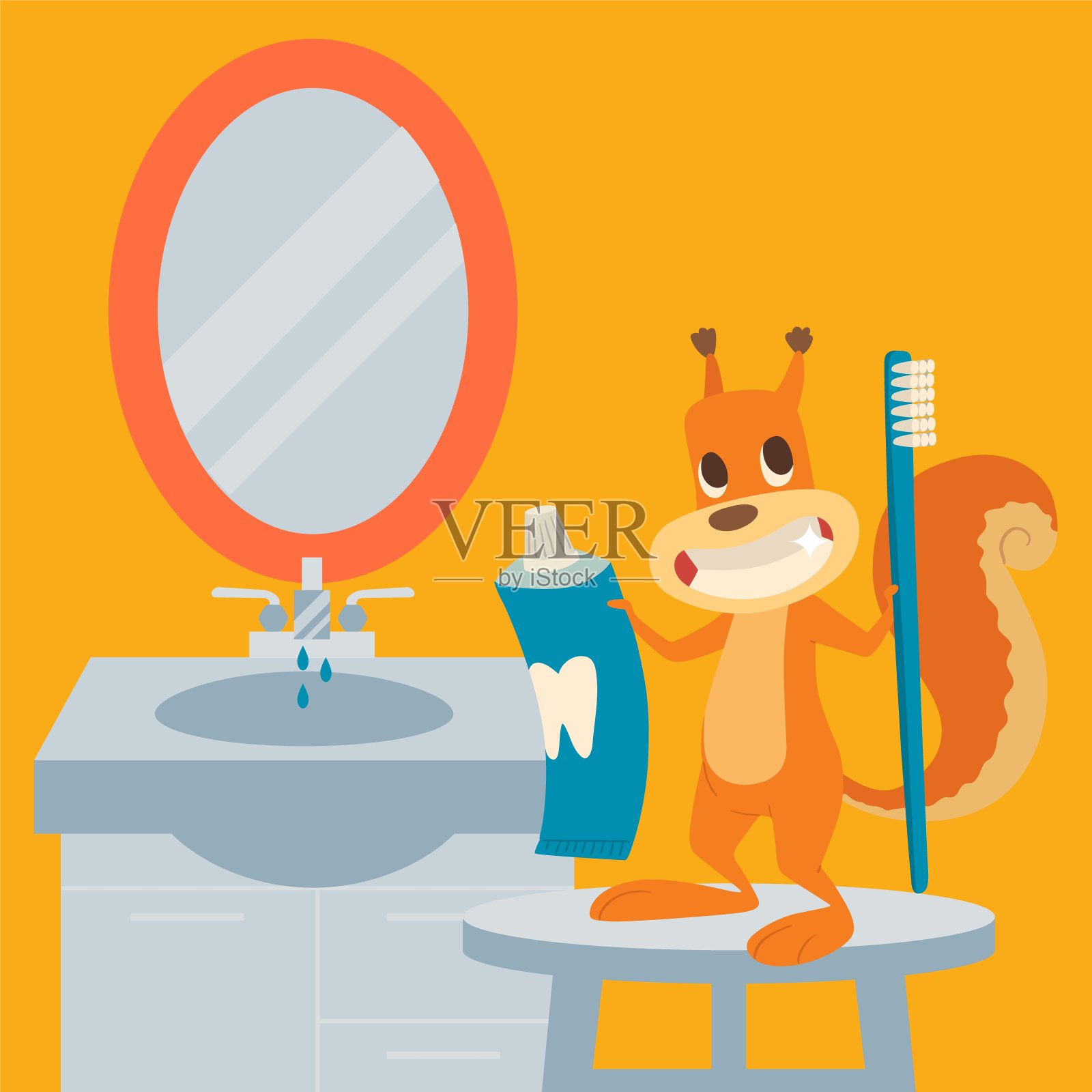 松鼠刷牙，口腔卫生预防媒介说明。卡通人物浴室、脸盆、镜子、凳子。设计元素图片