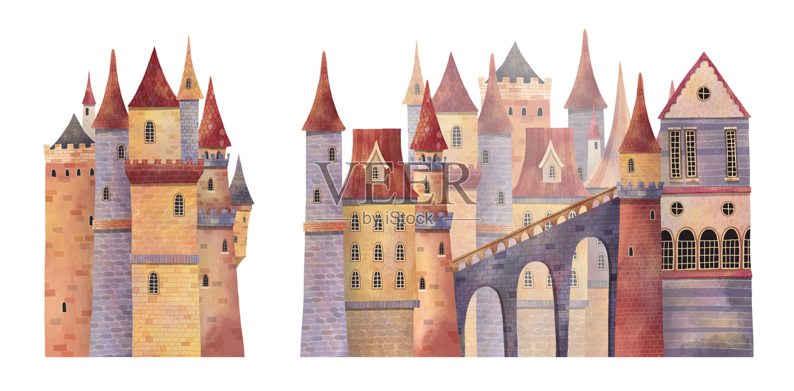 中世纪的城堡，有塔和桥。插画图片素材