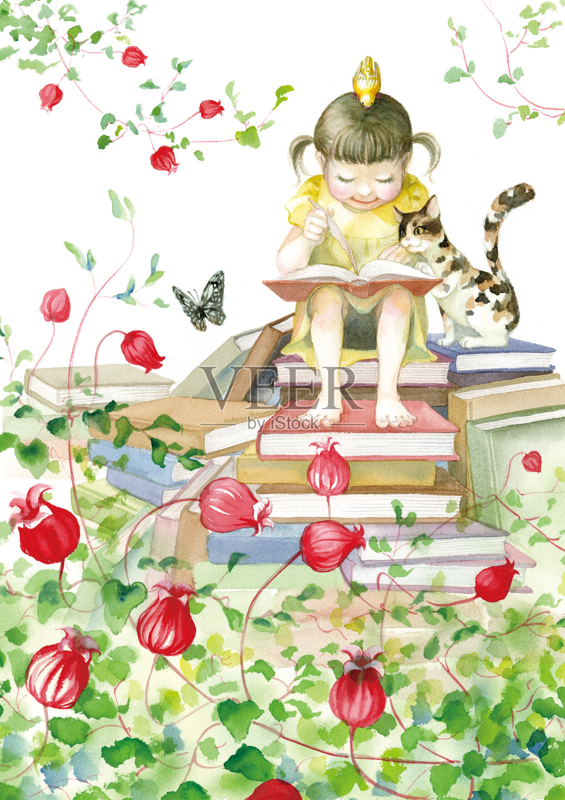一个小女孩在森林里看书插画图片素材