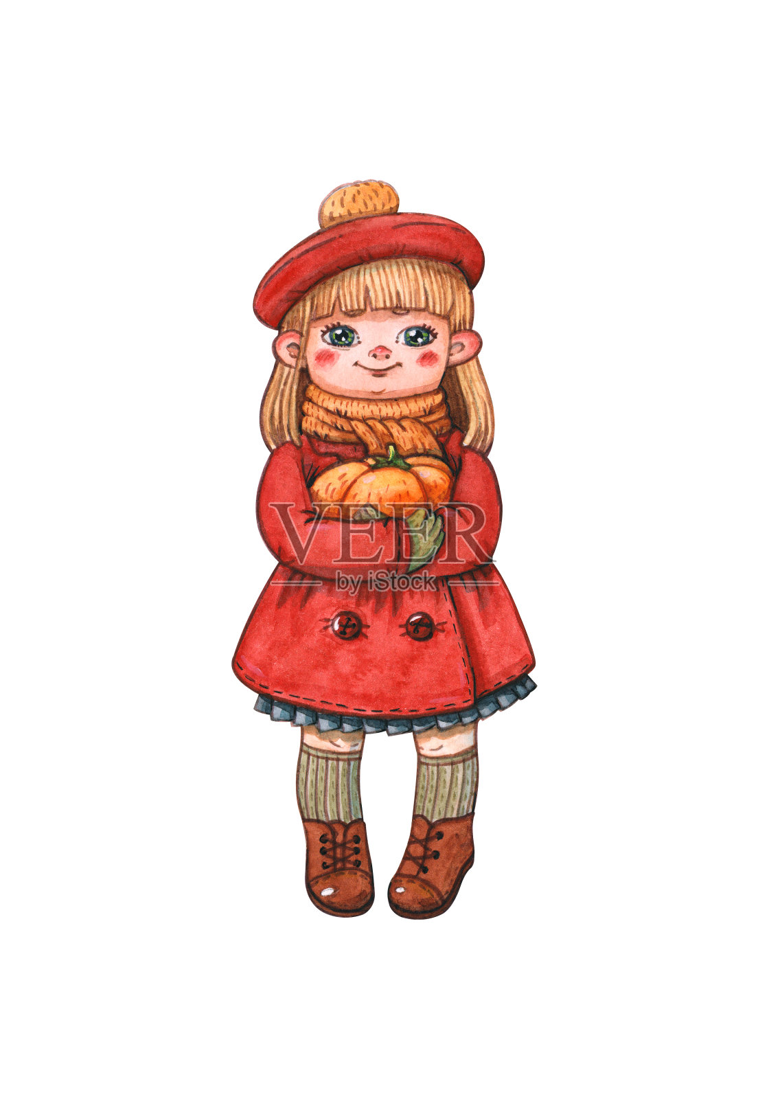穿着红色外套和贝雷帽的女孩和万圣节南瓜插画图片素材