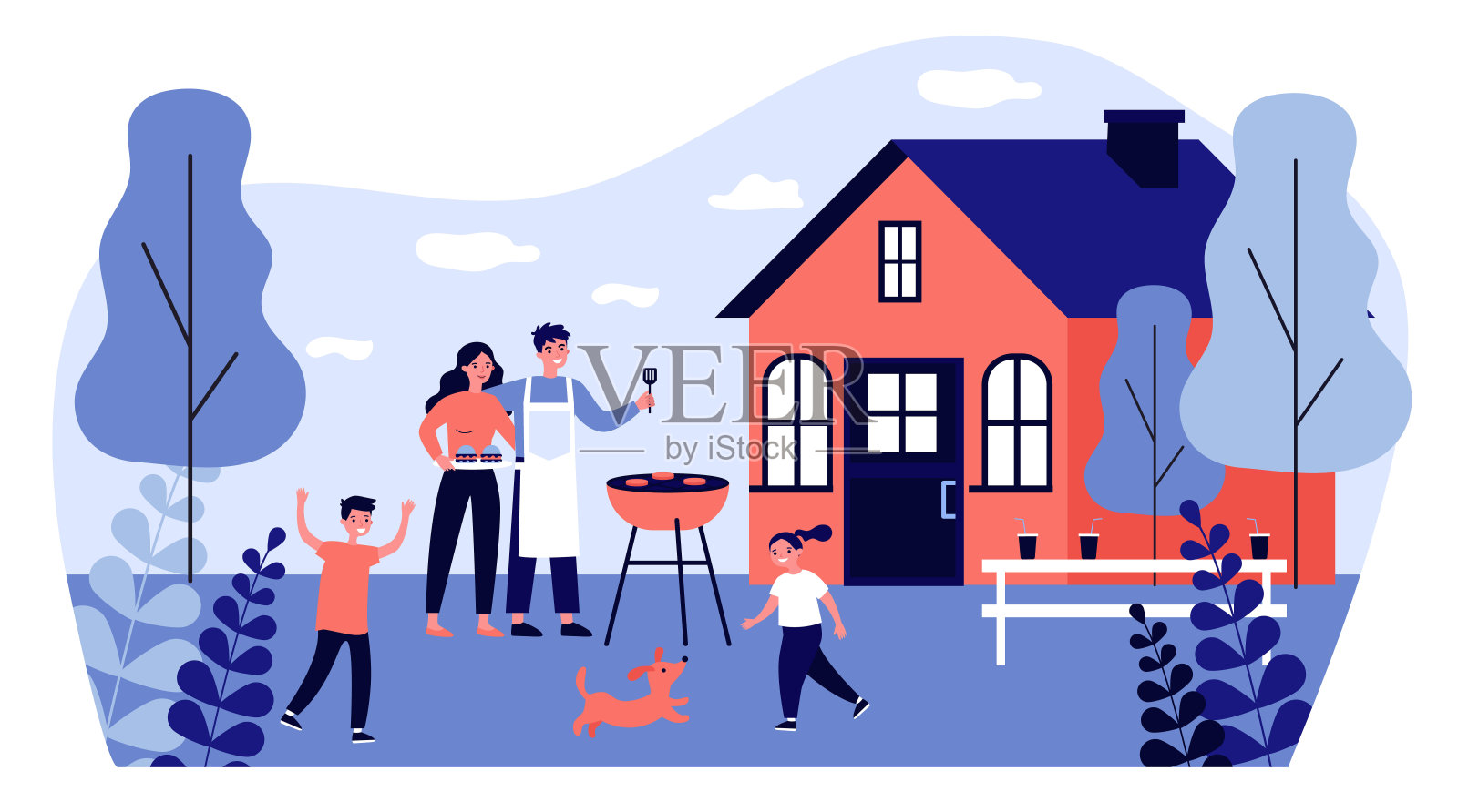 快乐的家庭烧烤在花园平面插图插画图片素材