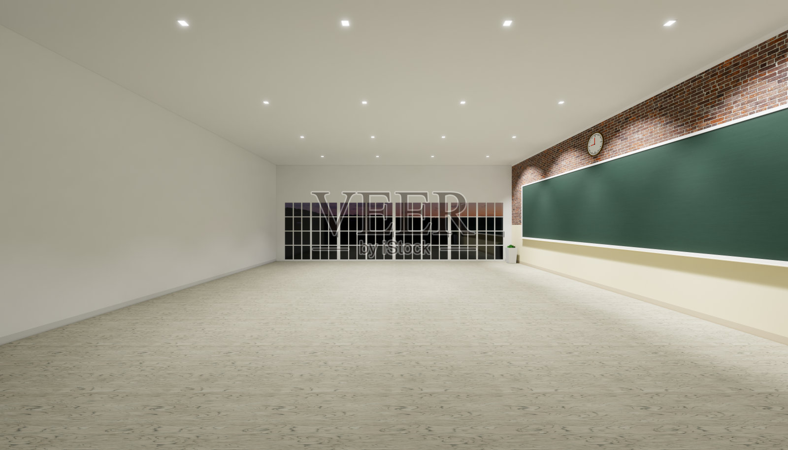 教室内部和木地板和空绿板背景的3d渲染。照片摄影图片