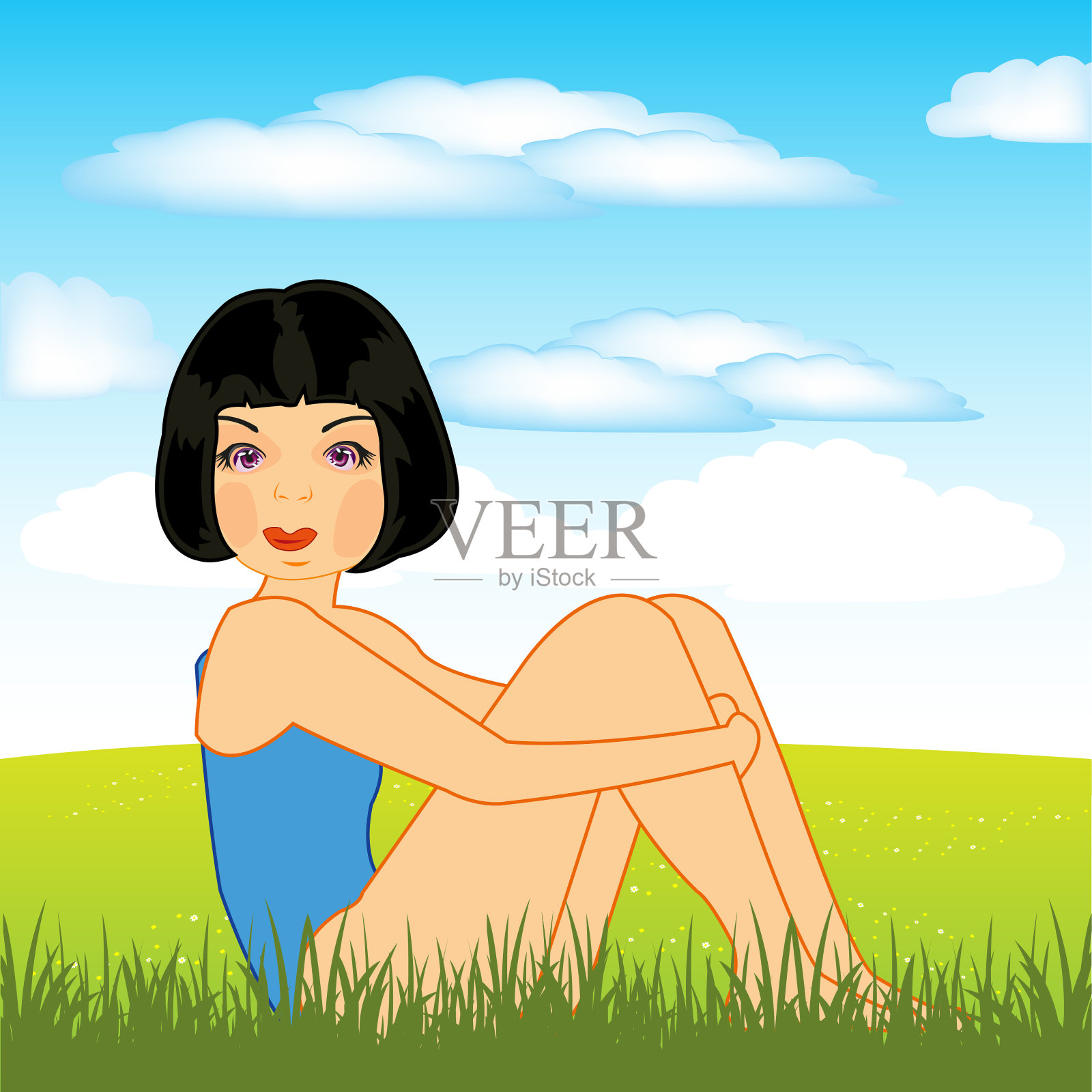 美丽的女孩坐在青葱的林间空地上插画图片素材