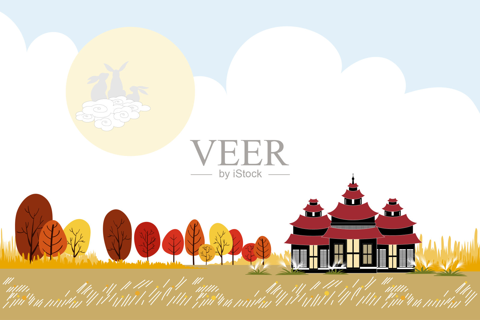 Cute cartoon Autumn landscape with Chinese temple and rabbits sitting in full moon, Vector  Mid autumn festival background for greeting card, banner, poster and template.背景图片素材
